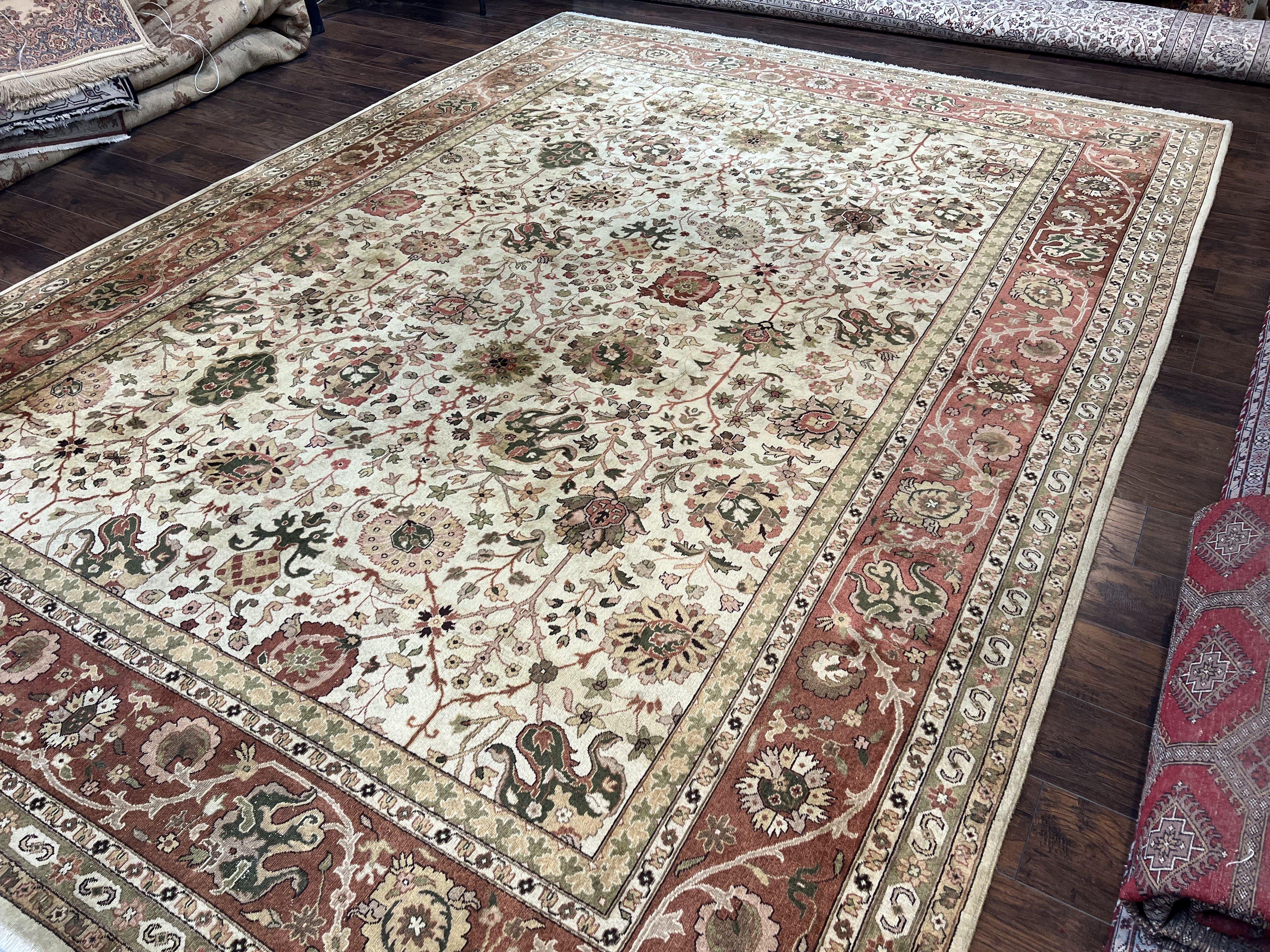Large Indian Rug 10x14, Hand Knotted Indo Persian Gandehar Oriental Carpet, Vintage Wool Rug 10 x 14 ft Cream Red Floral Allover Traditional - Jewel Rugs