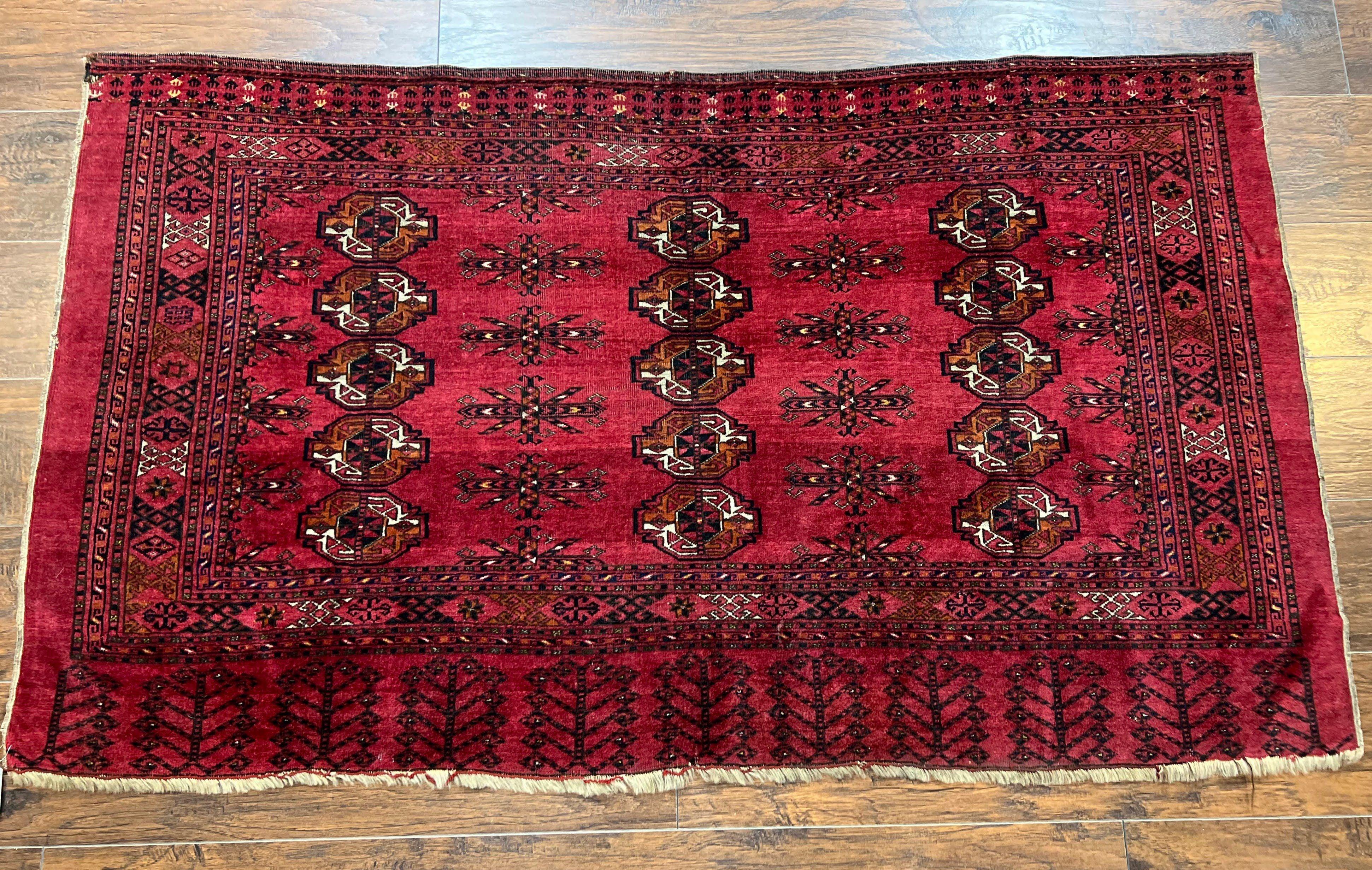 Antique Persian Turkoman Salor Rug 3x5, Tribal Wool Carpet, Collectible, Red Black, 1920s Oriental Rug, Hand-Knotted Handmade Fine 3 x 5 ft - Jewel Rugs