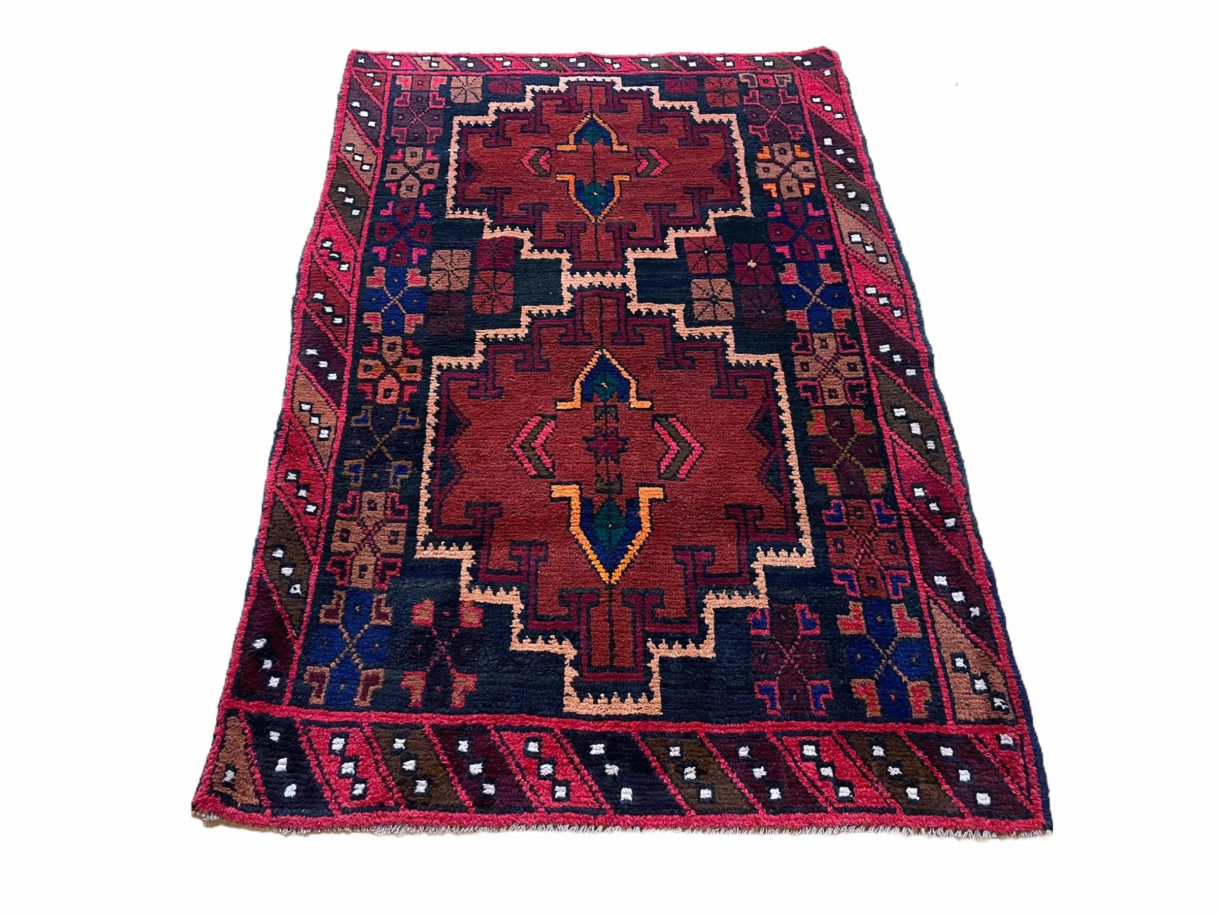 3' 2" X 4' 6" Vintage Handmade Tribal Wool Rug Balouchi Rug Afghan Red Blue 3x5 - Jewel Rugs