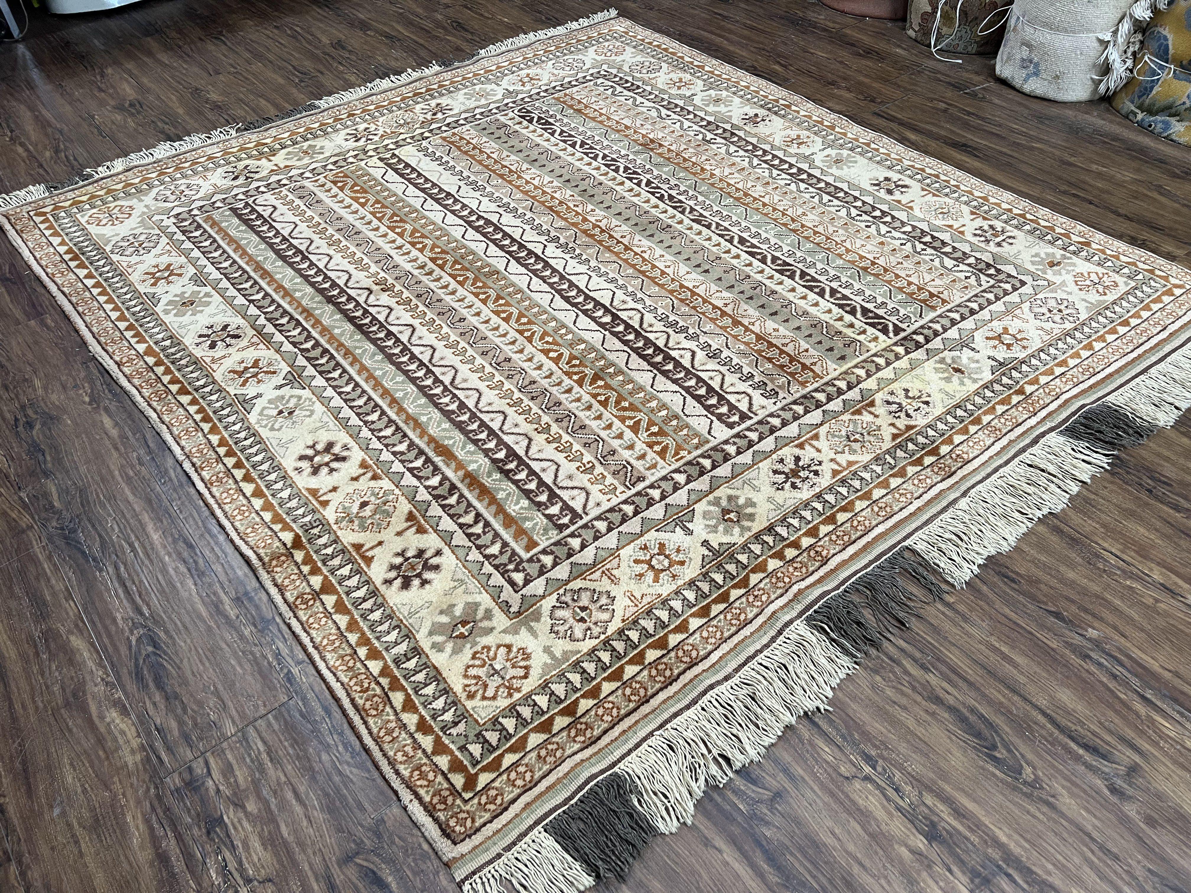 Striped Turkish Anatolian Rug 6x7 Almost Square Shaped Carpet Handmade Vintage Oriental Rug, Living Room Rug, Neutral Colors Cream, Wool Rug - Jewel Rugs