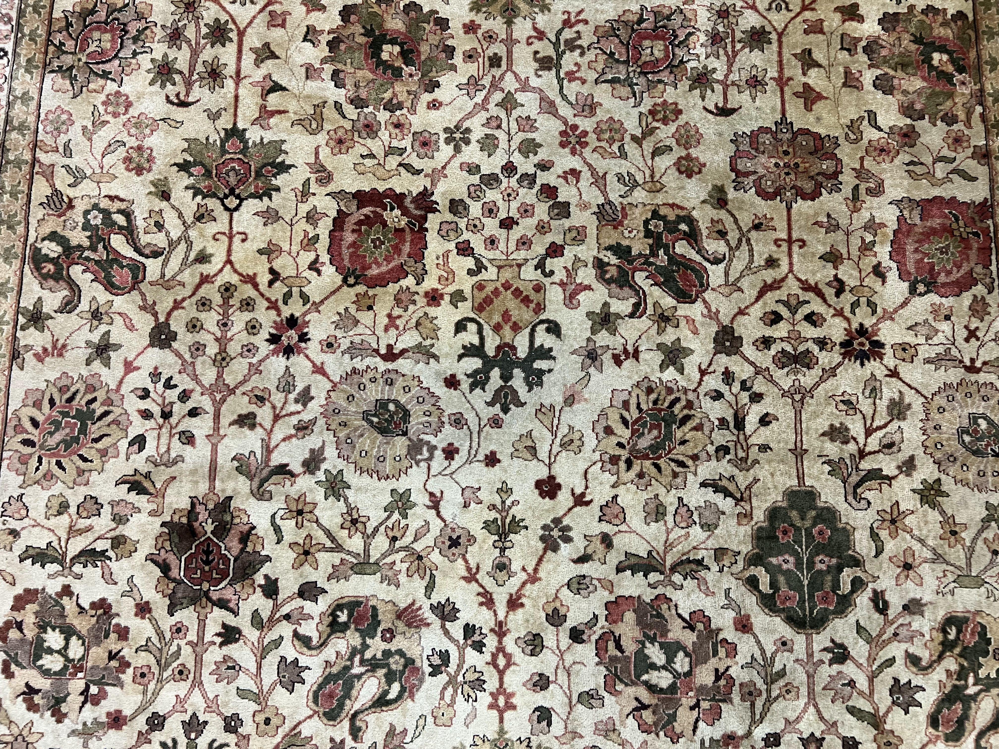Large Indian Rug 10x14, Hand Knotted Indo Persian Gandehar Oriental Carpet, Vintage Wool Rug 10 x 14 ft Cream Red Floral Allover Traditional - Jewel Rugs