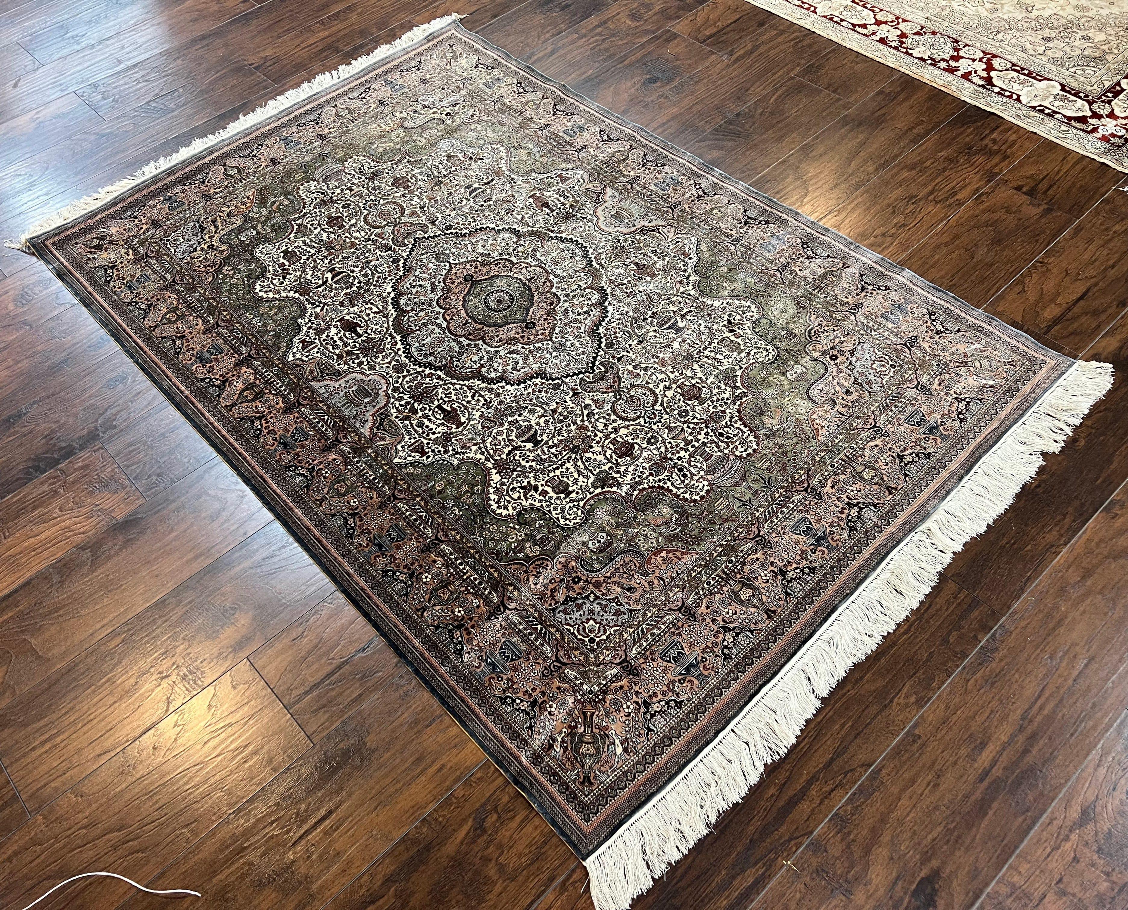 Very Fine Sino Persian Silk Rug 4x6, Floral Medallion, Hand Knotted, Silk Pile on Silk Foundation, Ivory, Vintage Handmade Oriental Carpet - Jewel Rugs