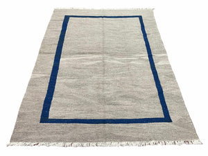 Geometric Turkish Kilim Rug 5' 7" x 7' 9", Flatweave Carpet, Minimal Design, Anatolian Carpet, Gray, Geometric, Dark Blue, Hand-Knotted, New - Jewel Rugs
