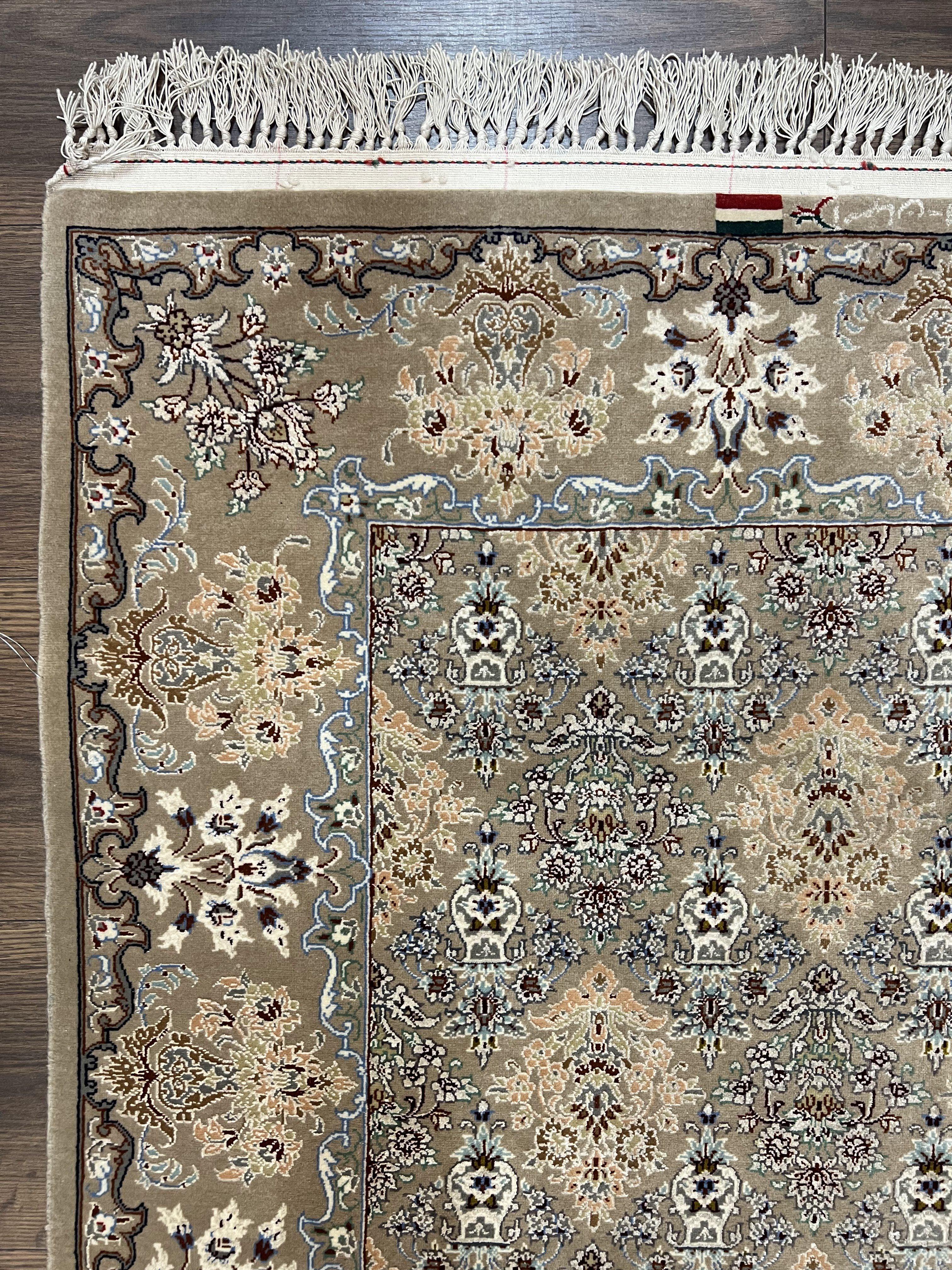 Super Fine Persian Isfahan Rug 3x5 ft, Kork Wool on Silk Foundation, Repeated Floral Motif, Taupe Tan Hand Knotted Oriental Carpet 3 x 5 ft, Signed - Jewel Rugs