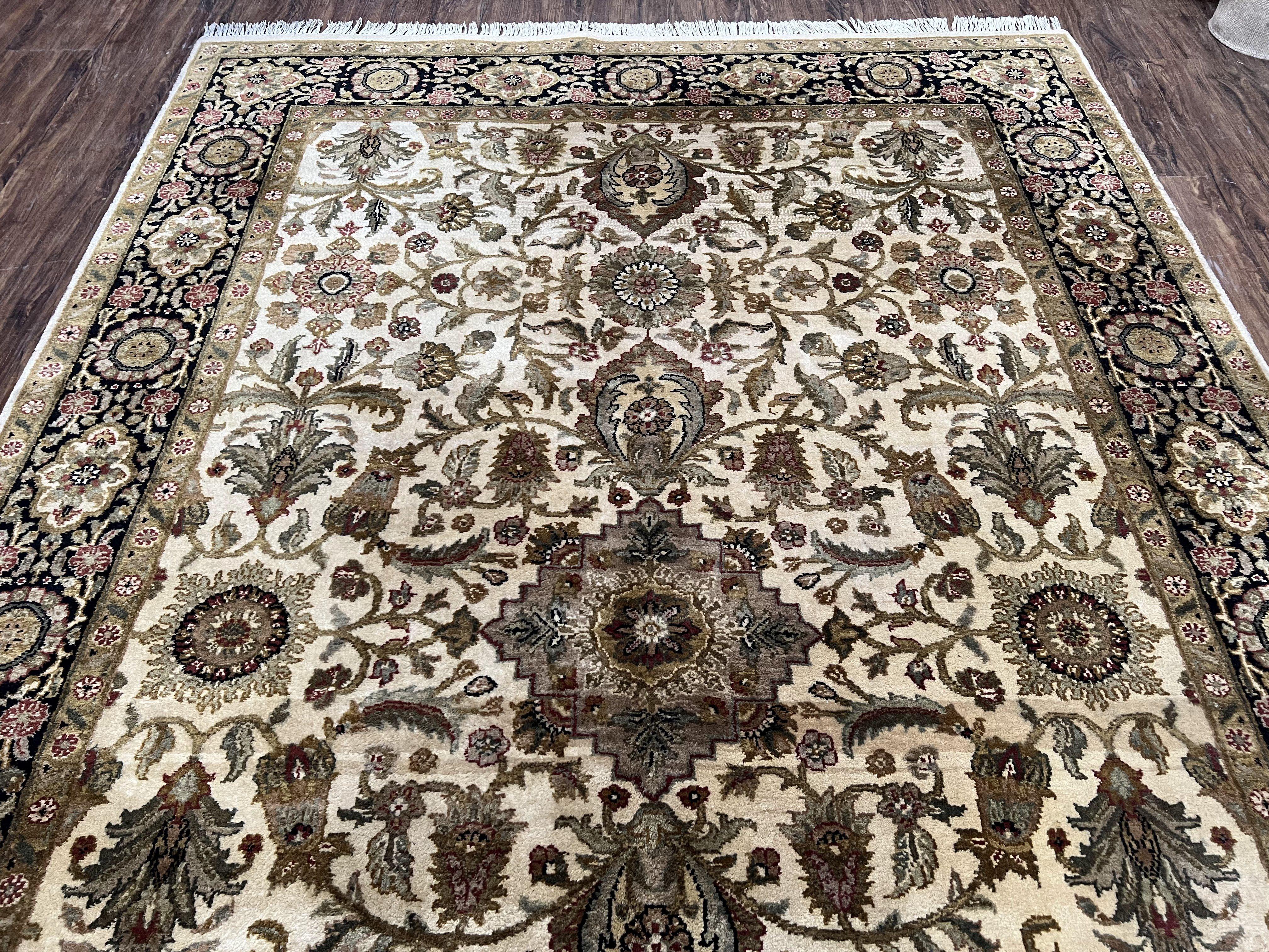 Indo Mahal Rug 6x9, Indian Floral Carpet 6 x 9, Beige and Black, Allover Design, Living Room Rug, Bedroom Rug, Traditional Rug, Vintage Rug - Jewel Rugs