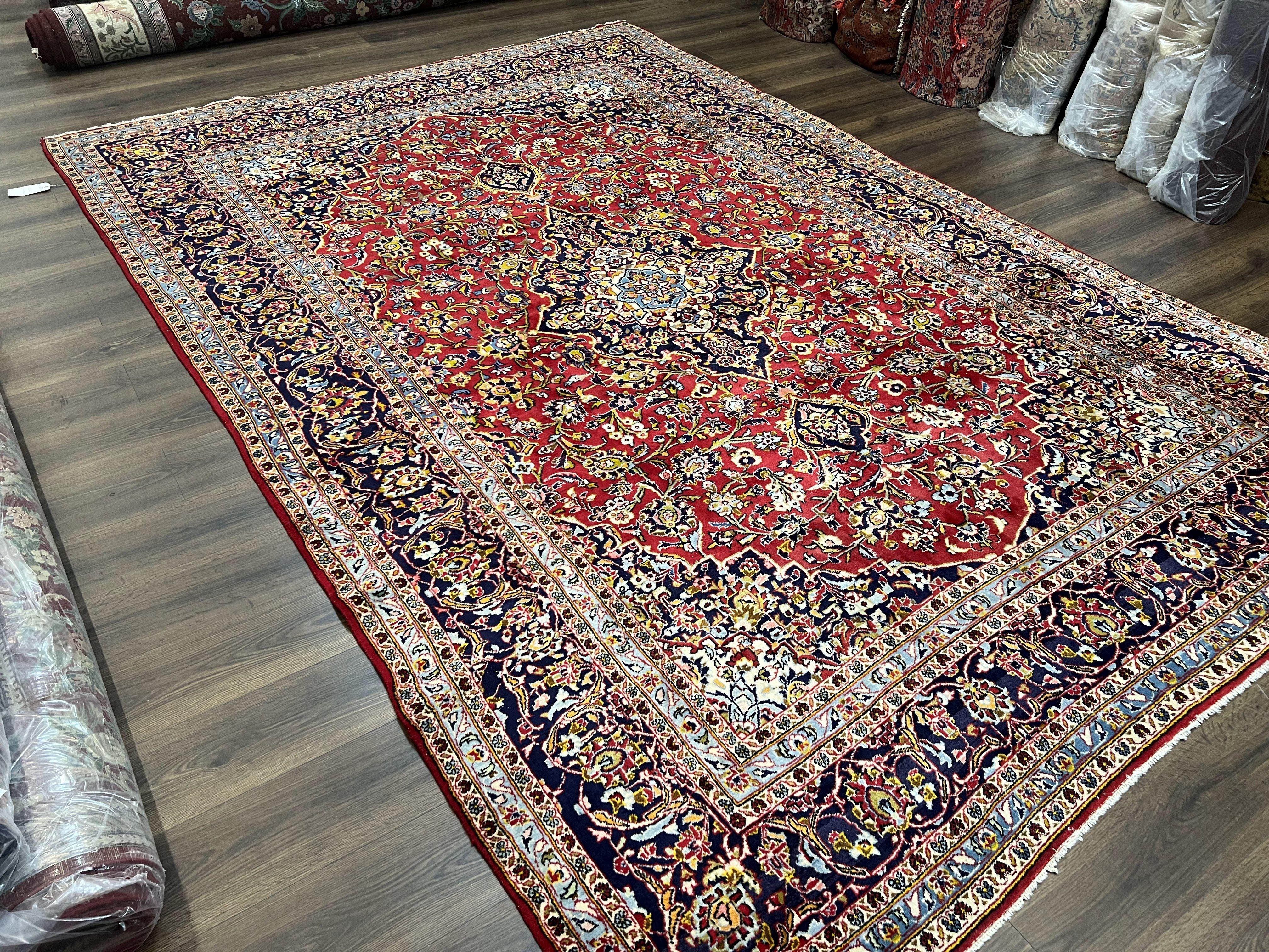 Persian Kashan Rug 9x12, Red Navy Blue, Allover Floral Medallion & Corner Design, Handmade Wool Oriental Carpet, Semi Antique Traditional Carpet - Jewel Rugs