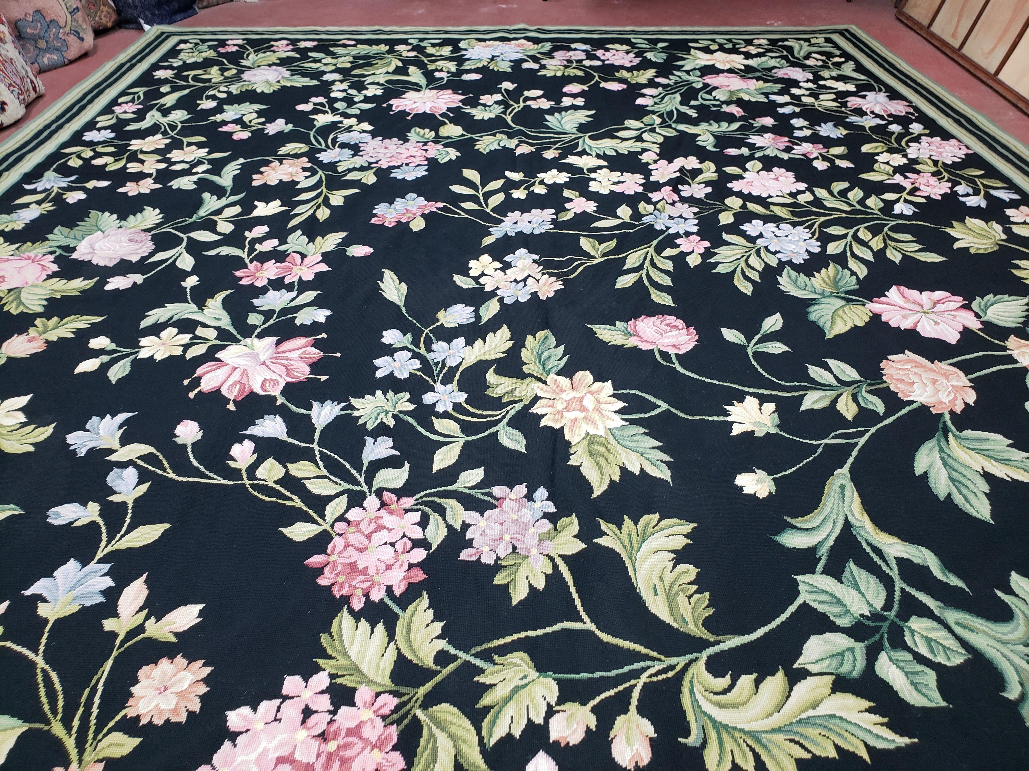 Large Needlepoint Rug, 10x14 Needlepoint, Black Rug, Allover Floral, New Needlepoint Rug, Flat Weave Rug 10 x 14, Chinese Aubusson Carpets - Jewel Rugs