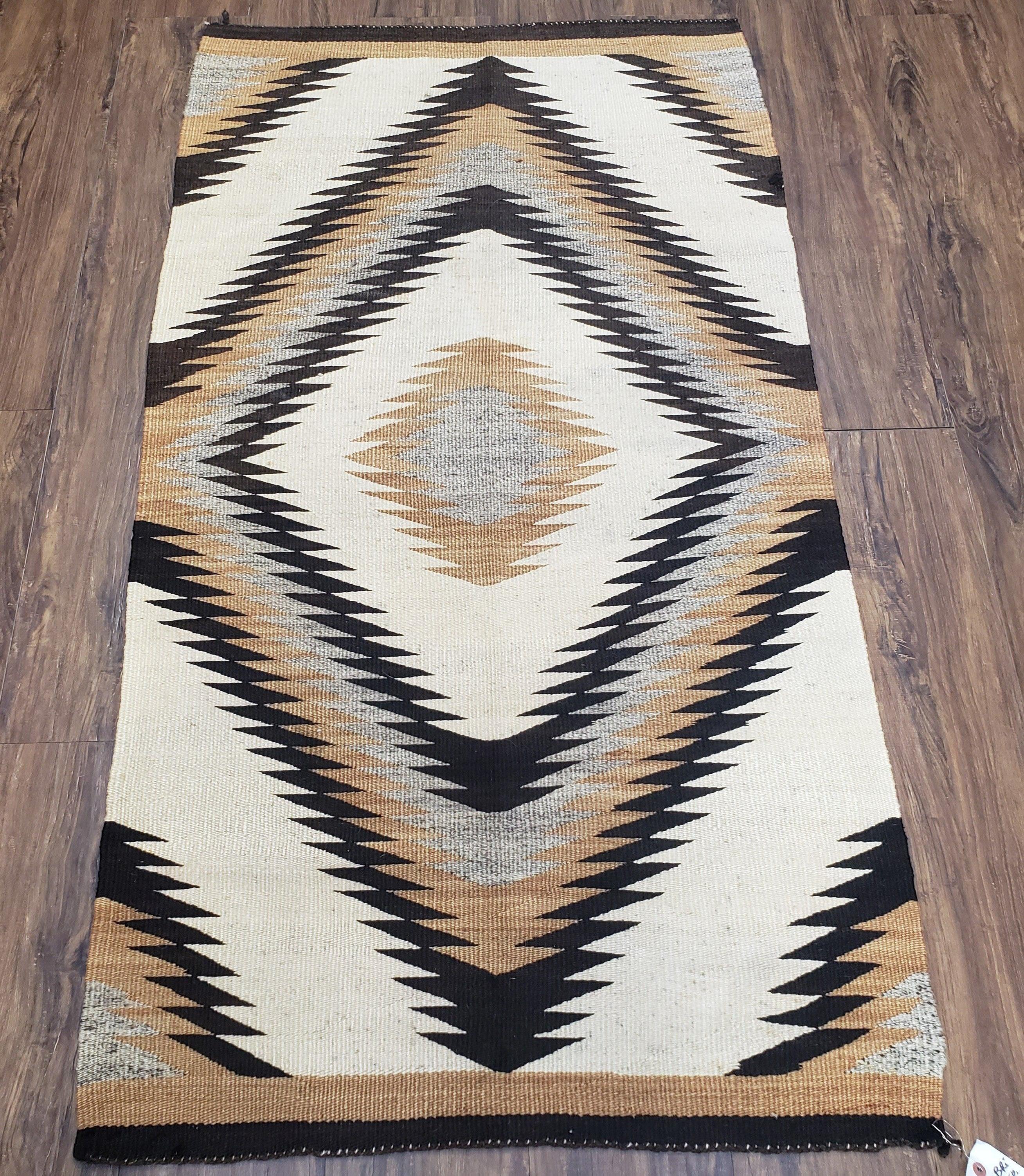 Antique Navajo Rug 3x5, Wool Handwoven Flatweave Navajo Territory Blanket, Collectible Navajo Blanket, Tribal Carpet, Diamond Pattern Ivory - Jewel Rugs