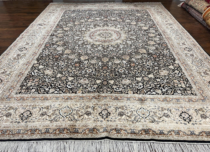 Top Quality Silk Sino Persian Rug 9x12, Highly Detailed Persian Carpet, Center Medallion Floral Allover Black and Ivory/Cream Room Sized Wow - Jewel Rugs