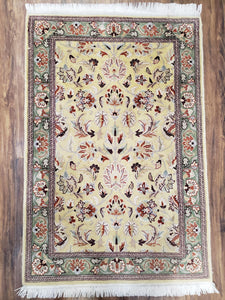 Small Pak Persian Rug 2x3 Vintage Carpet, Yellow & Green, Allover Floral Accent Rug, Hand-Knotted, Pakistani Wool Oriental Rug - Jewel Rugs