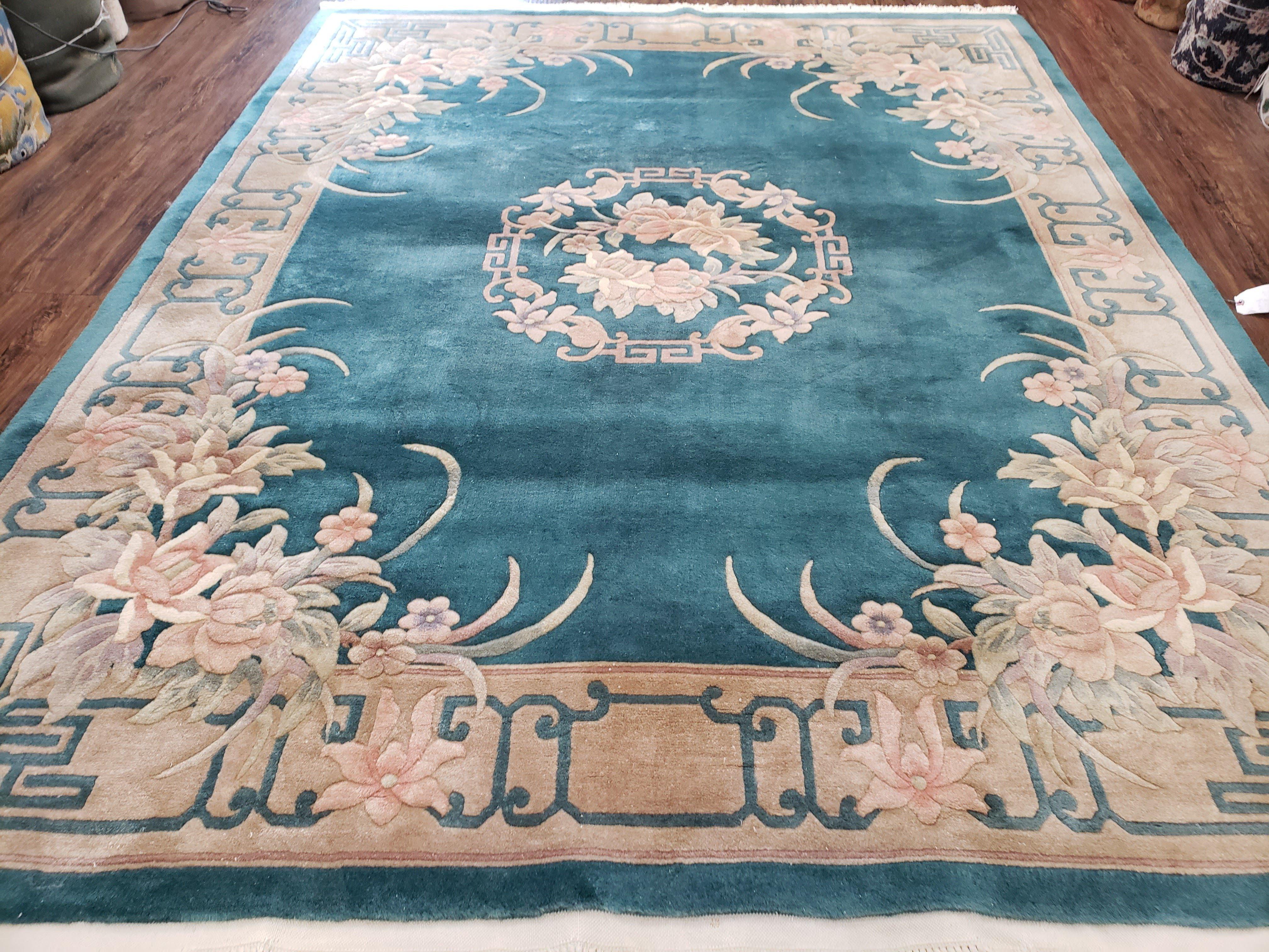 Chinese Carving Rug, 8x10 Rugs, Teal and Beige Chinese Carpet