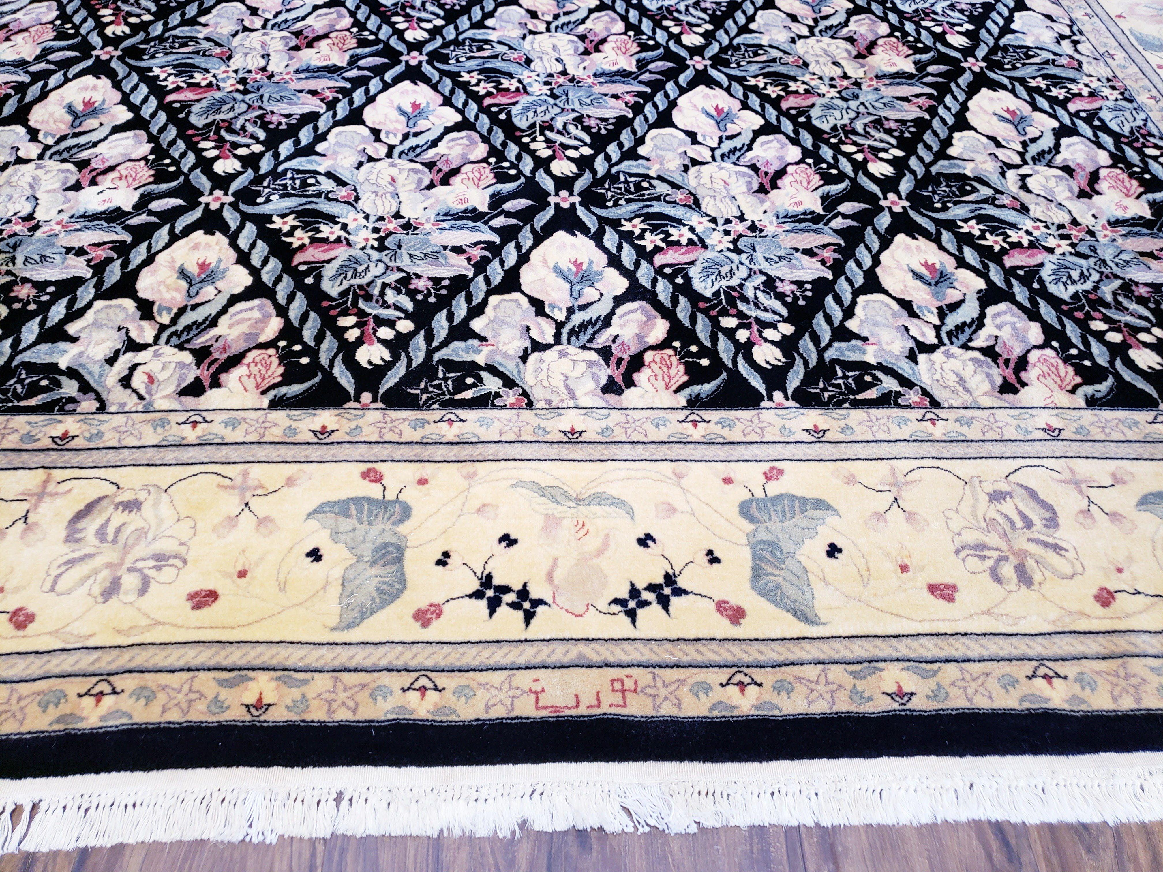 Black Kirman Rug, 8x11 - 9x12 Rug, Sino-Persian Rug, Floral Oriental Carpet, Handmade Rug, Black and Ivory Rug, Room Sized Area Rug, Wool - Jewel Rugs