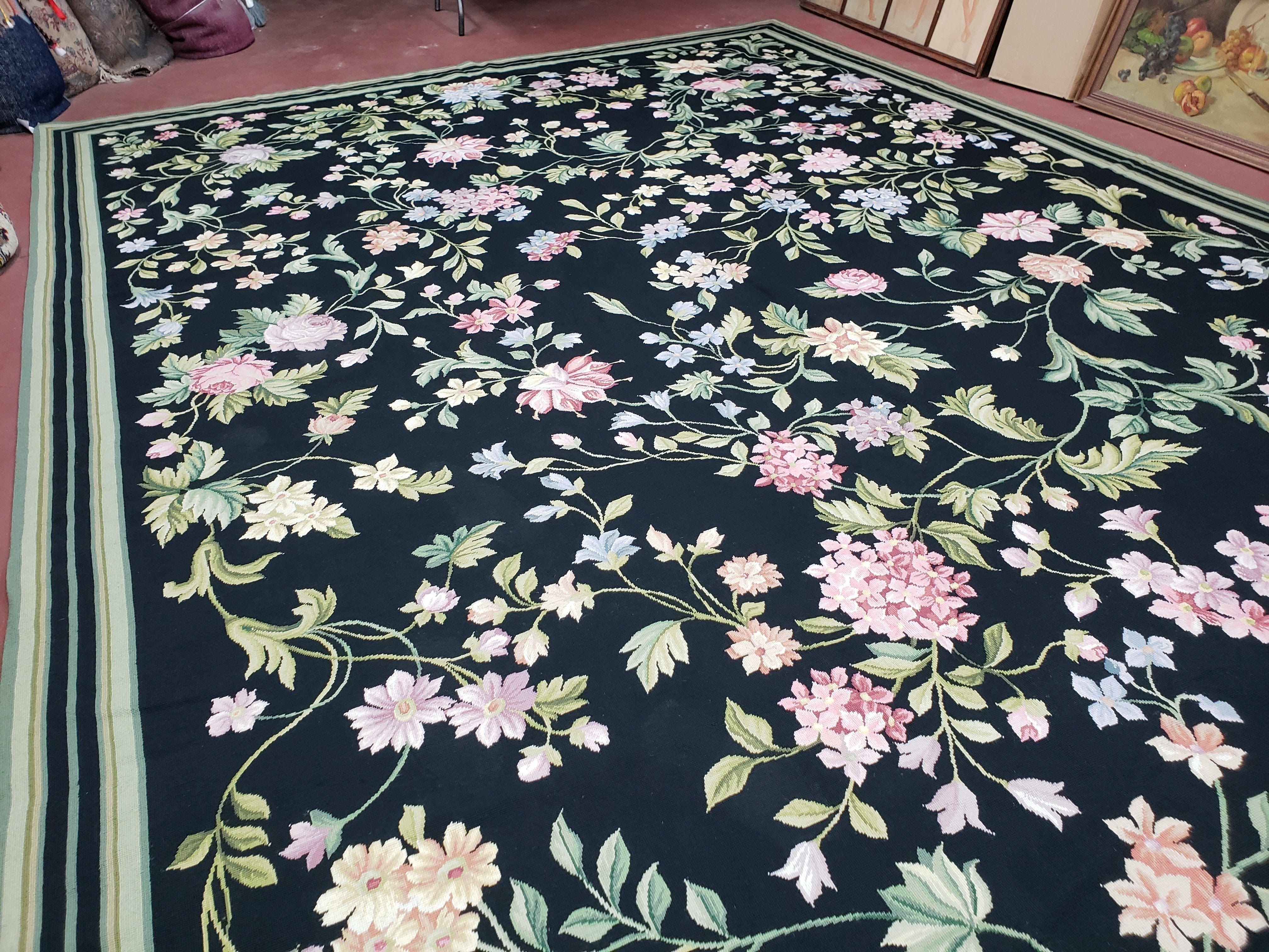 Large Needlepoint Rug, 10x14 Needlepoint, Black Rug, Allover Floral, New Needlepoint Rug, Flat Weave Rug 10 x 14, Chinese Aubusson Carpets - Jewel Rugs