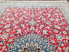 Persian Nain Rug, Lachak Toranj Design, Wool with Silk Highlights, Red Ivory and Light Blue, Hand-Knotted, 8'3" x 11'9" - Jewel Rugs