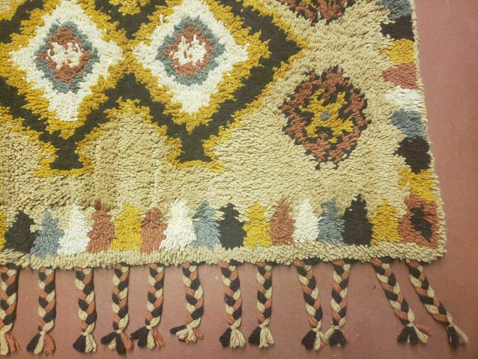 Portuguese Rya Style Shag Rug Moroccan Design, 4x6 Vintage Colorful Geometric Rug, Handmade Wool Gold Tan, Soft Pile Rug - Jewel Rugs