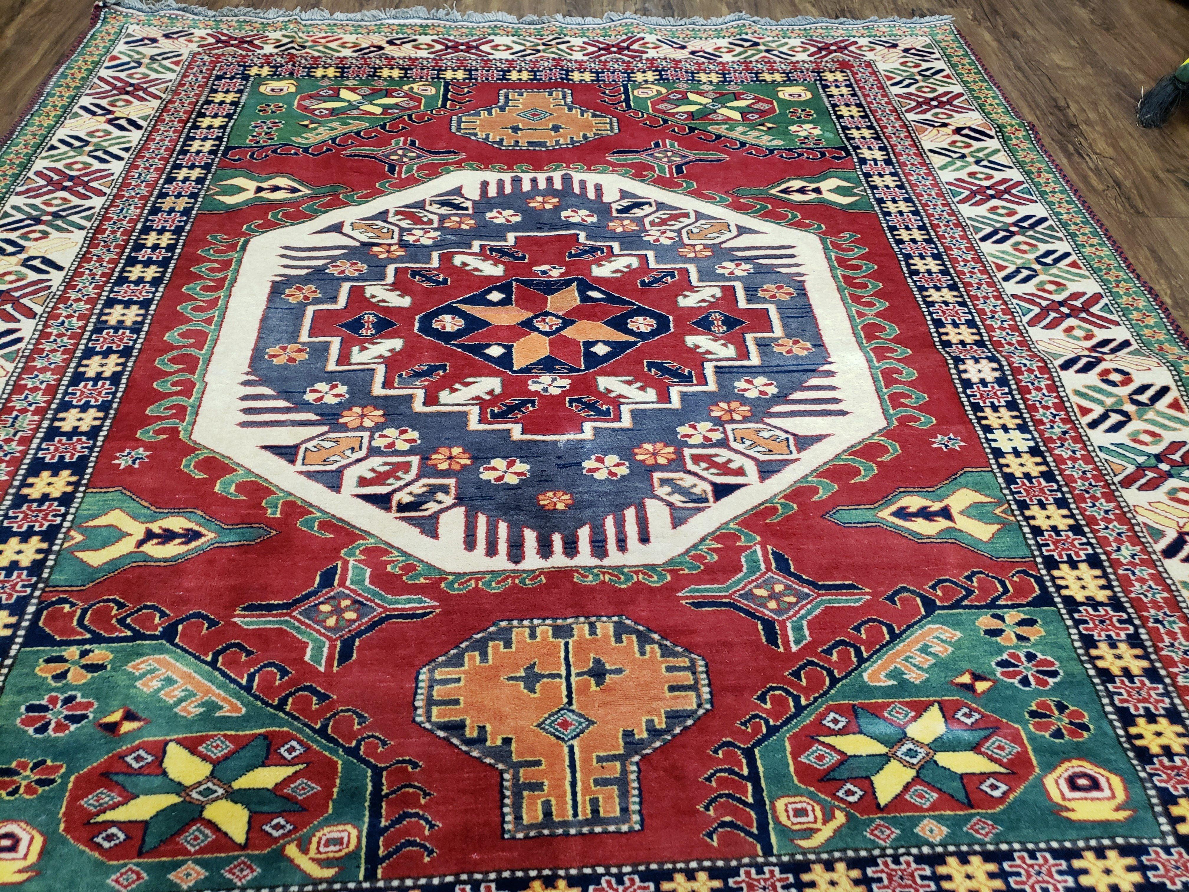 Vintage Turkish Kazak Area Rug, 6ft Square Rug, 6x6 Square Oriental Carpet, Hand-Knotted, Wool, Bold Colors, Red Blue Green, Geometric Rug - Jewel Rugs