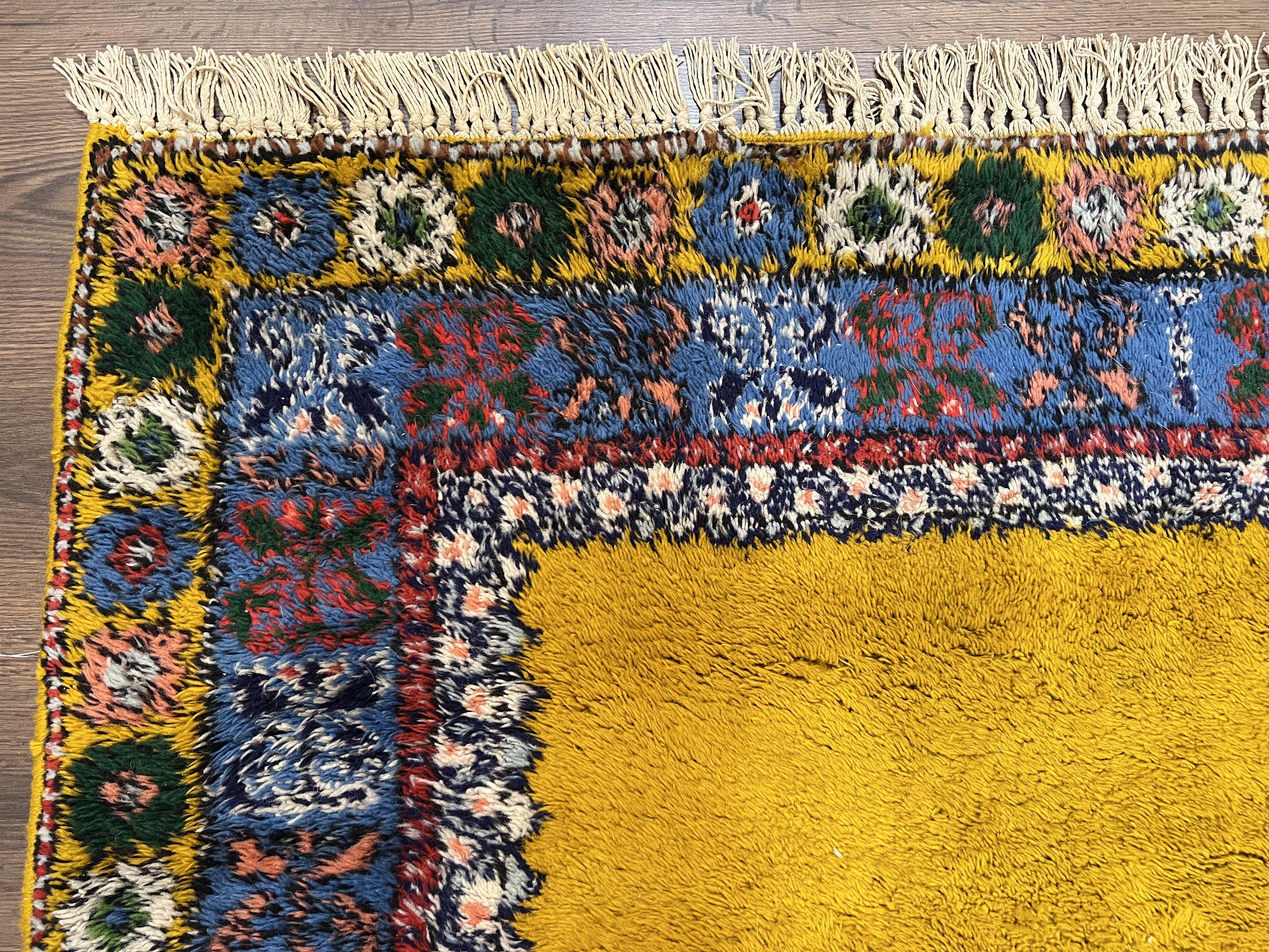 Bright Moroccan Rug 5x6, Rabat Rug 5 x 6, Mustard Yellow and Blue, Open Field and Medallion, Soft Wool Oriental Carpet, Handmade Vintage Rug - Jewel Rugs