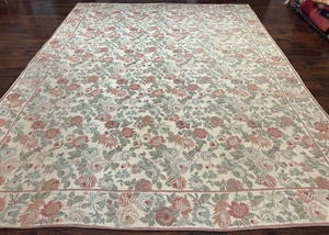 Indian Hand Stitched Rug 9x12, Floral Allover, Vintage Chain Stitched Wool Carpet, Cream Rose Pink Green, Large Flatweave Area Rug 9 x 12 ft - Jewel Rugs