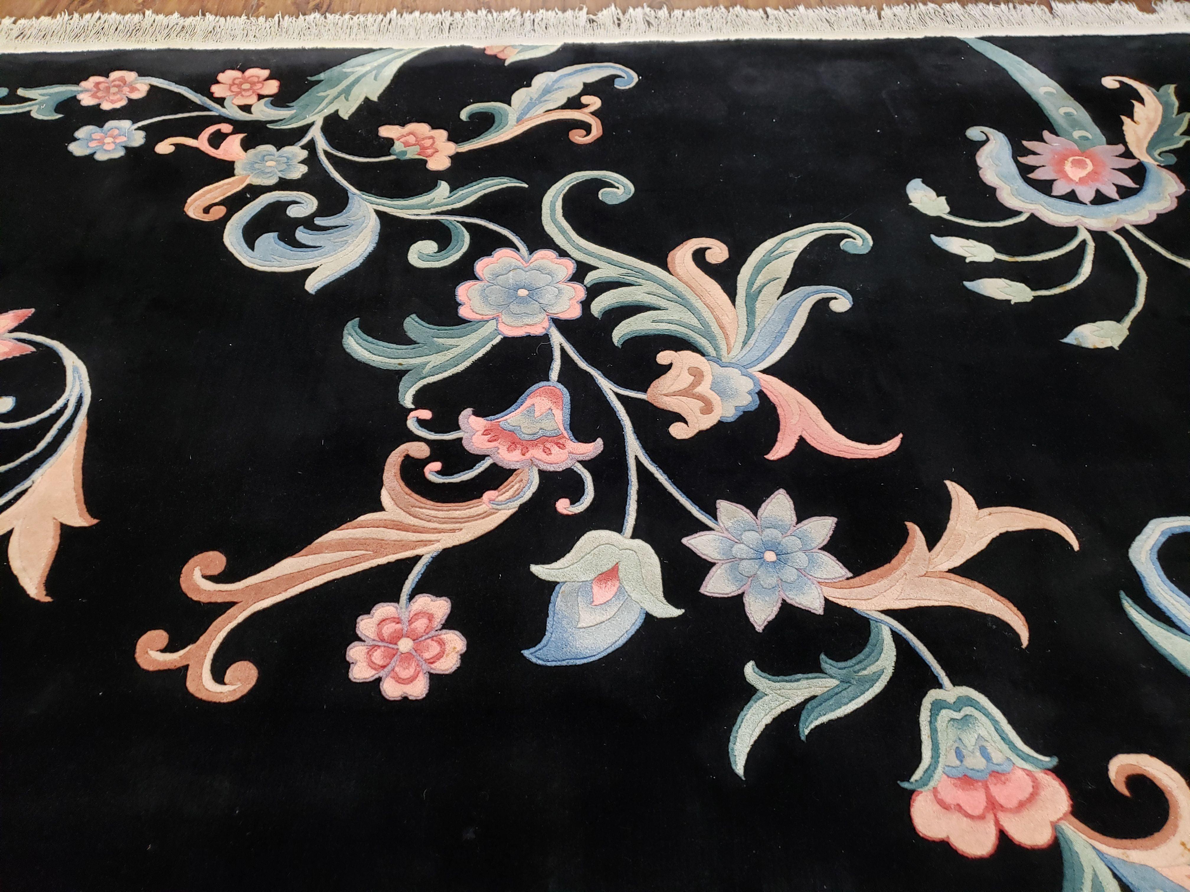 9x12 Chinese Art Deco Rug Black Wool Area Rug 120 Lines Flowers Handmade Carpet - Jewel Rugs