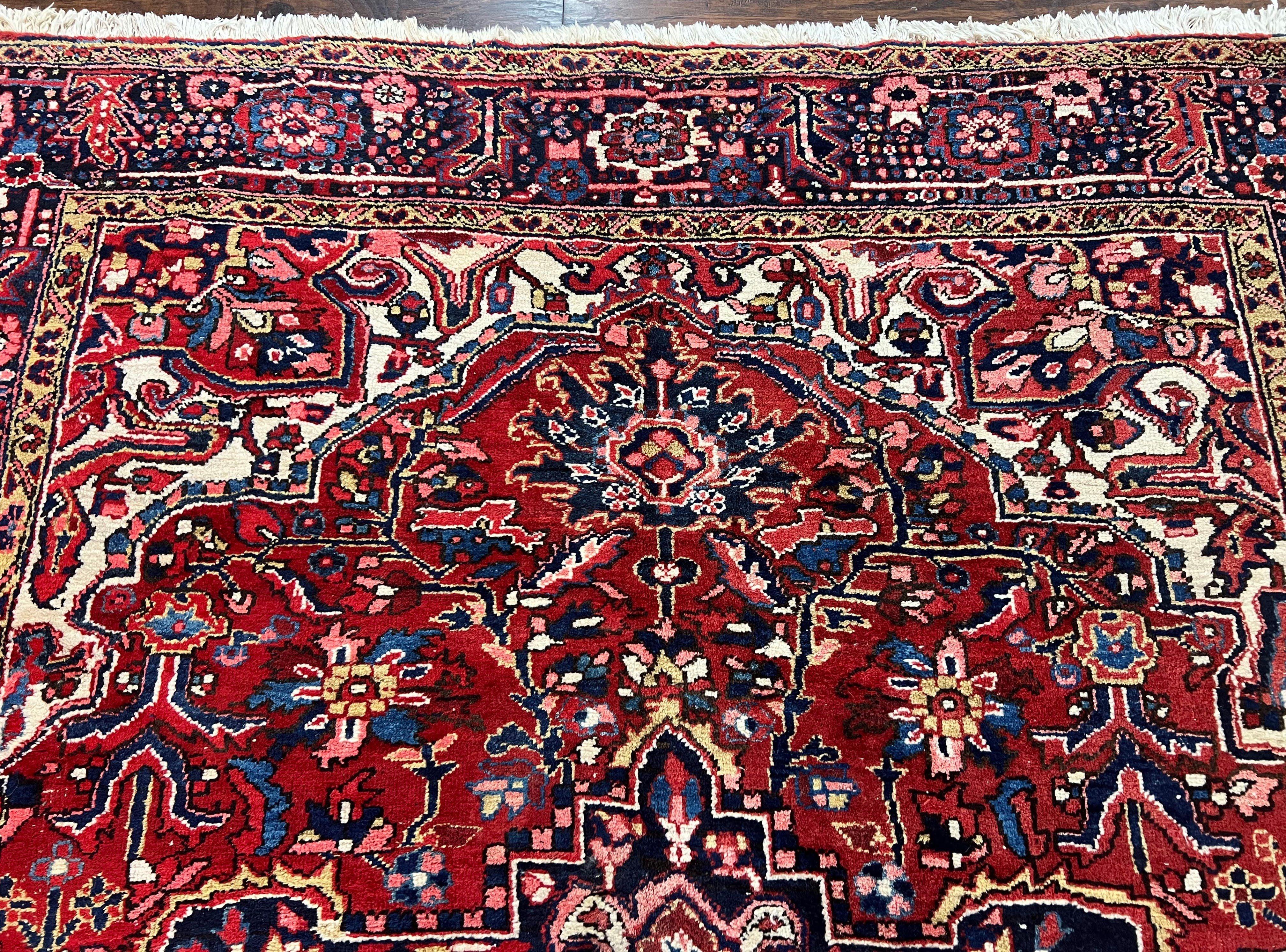 Persian Heriz Rug 8x12, Vintage Geometric Medallion Carpet, Semi Antique Wool Handmade Room Sized Oriental Rug 8 x 12, Red Dark Blue Ivory - Jewel Rugs