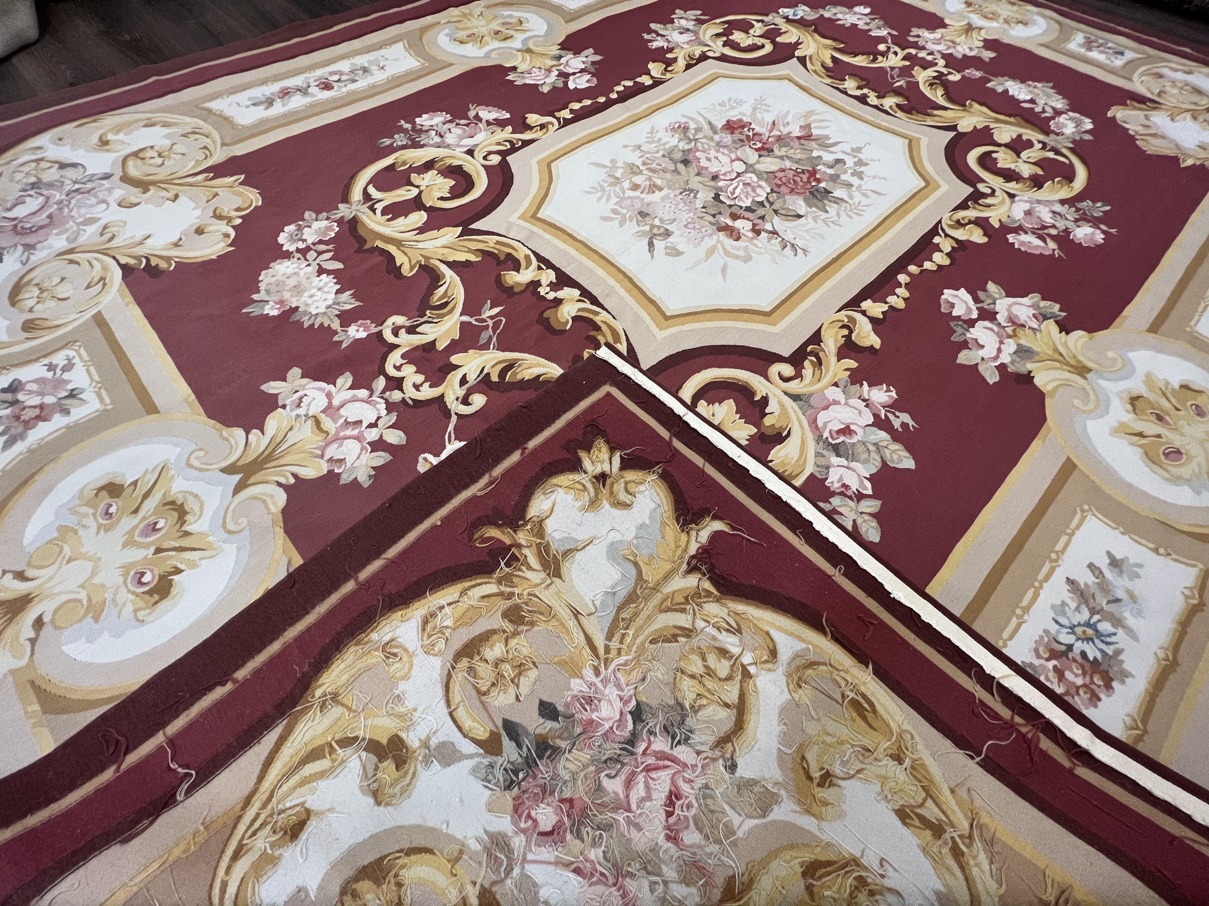 Aubusson Rug 9x12, Red Ivory Gold Tan, Handmade Hand Woven Aubusson Savonnerie Carpet, Vintage Flatweave Room Sized Aubusson Area Rug 9 x 12 - Jewel Rugs