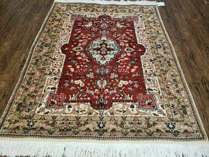 5' X 6' Vintage Handmade Indian Agra Wool Red and Beige Oriental Rug Traditional Classical Interior Home Décor - Jewel Rugs