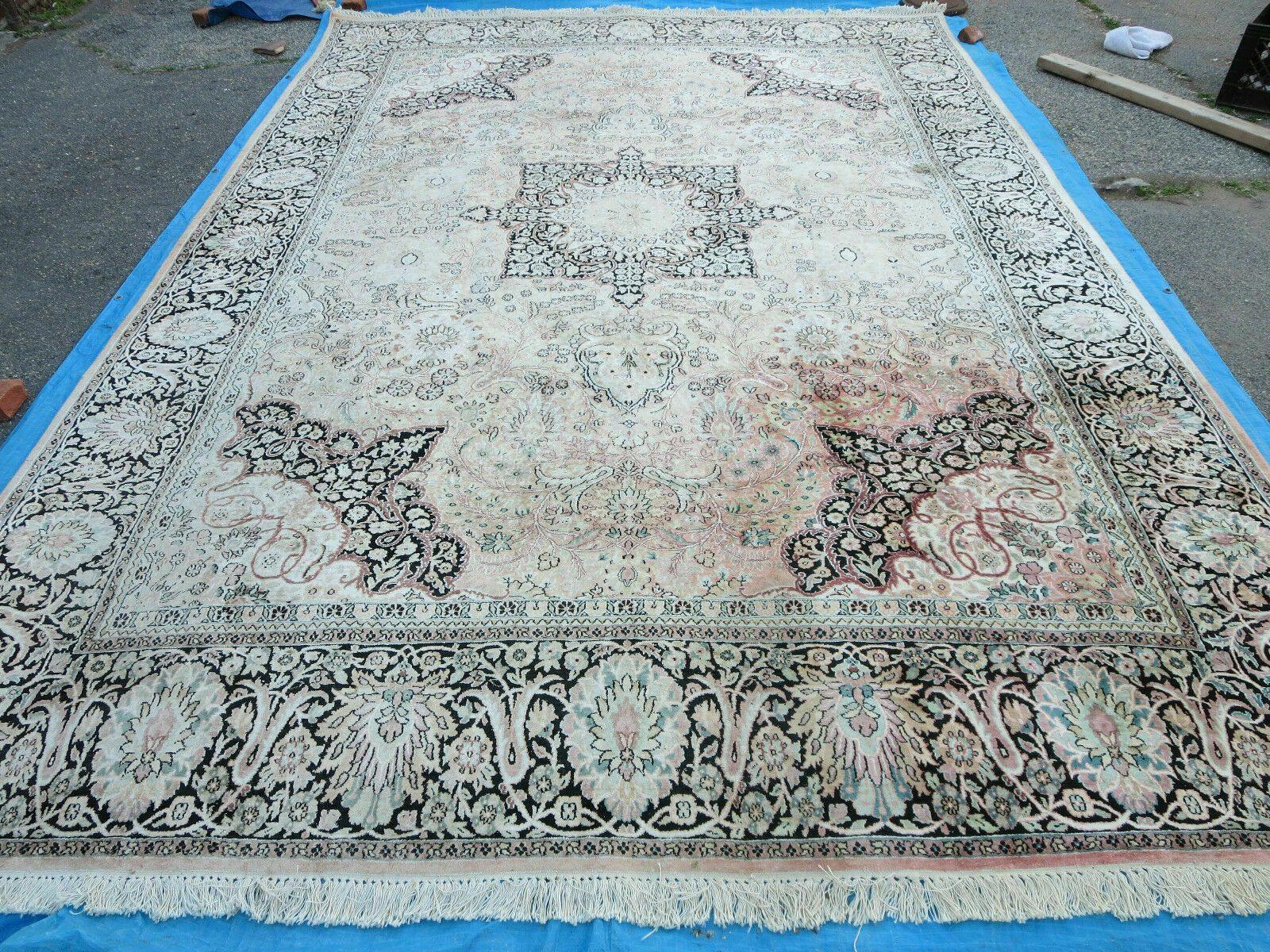 10x14 Large Silk Oriental Rug, Vintage Hand-Knotted Indian Kashmiri Silk Rug, Neutral Colors, High Quality, Great Condition, All Silk Carpet - Jewel Rugs