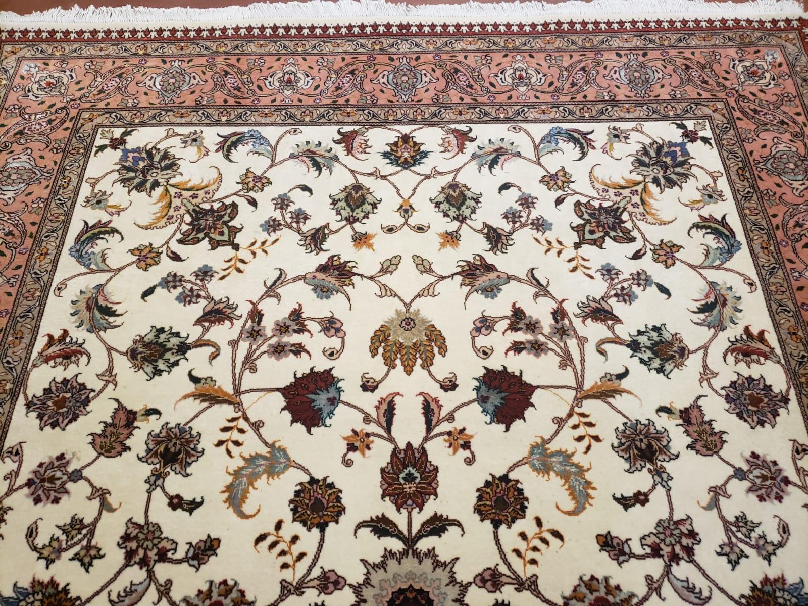 Semi Antique Persian Tabriz Rug, Beige and Salmon Red, Floral Pattern, Hand Knotted, Wool, 5x7 ft - Jewel Rugs