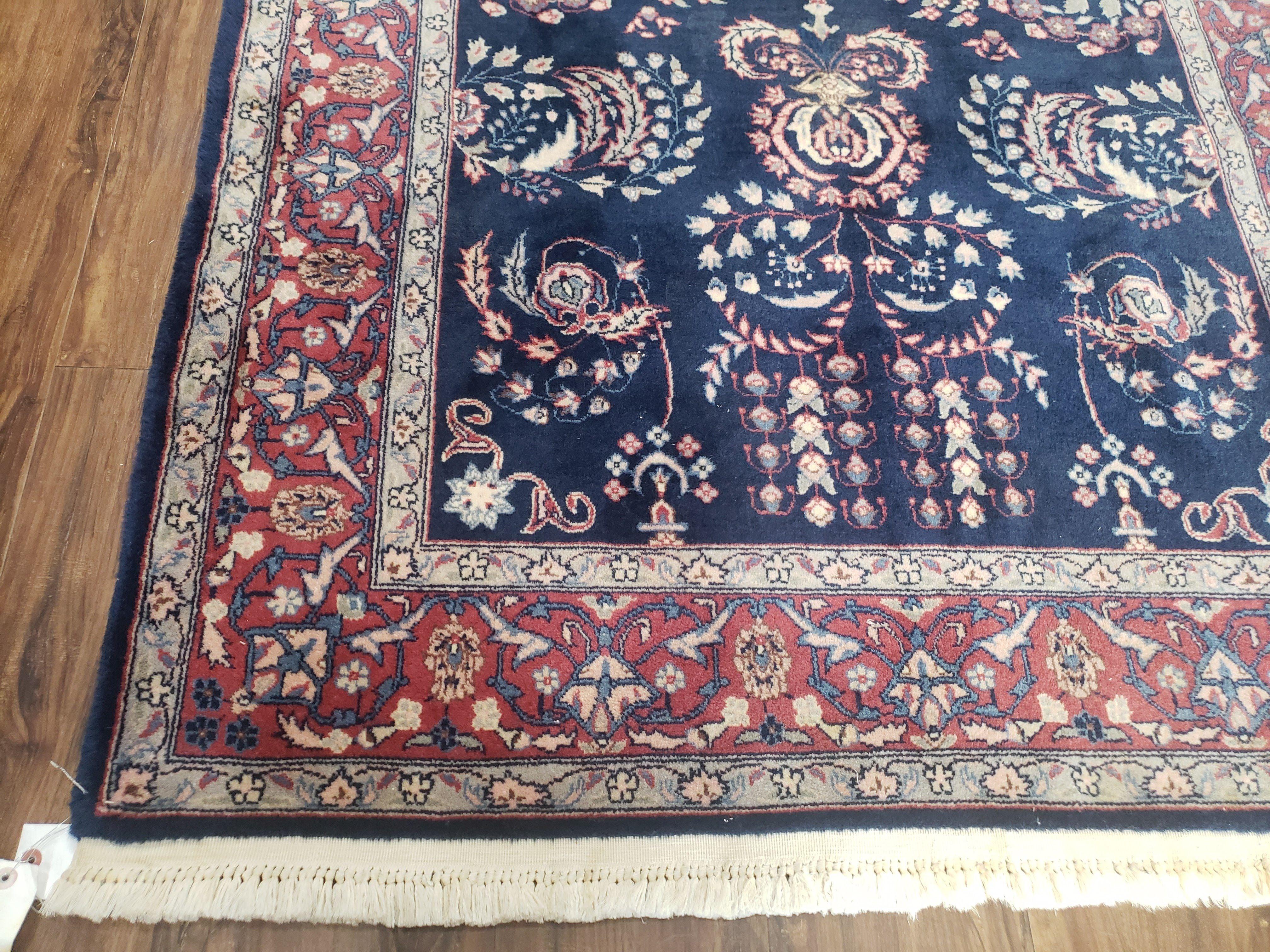 Dark Blue Indo Persian Rug, Medium Size Hand Knotted Oriental Carpet, Traditional Floral Indian Rug, Blue and Red Rug, Entryway Rug Wool Rug - Jewel Rugs