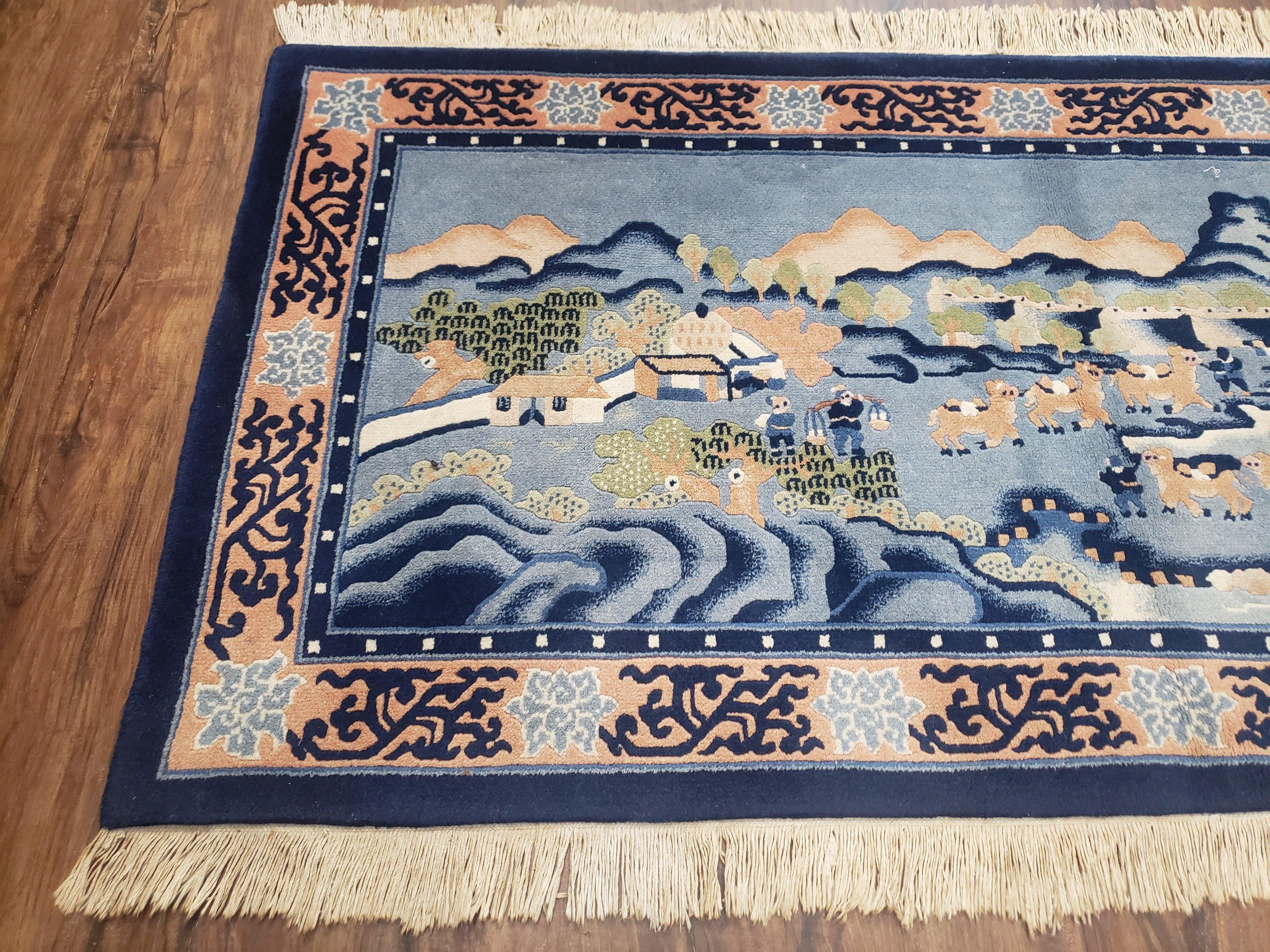 Vintage Chinese Pictorial Rug 2'4" x 4' 7", Chinese Village, Wool Hand-Knotted Blue & Teal Fine Carpet, Tapestry Rug, Woven Wall Art - Jewel Rugs