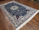 Persian Nain Rug, Lachak Toranj Design, Wool with Silk Highlights, Floral Medallion, Hand-Knotted, Blue & Ivory, 5' x 8' 4" - Jewel Rugs