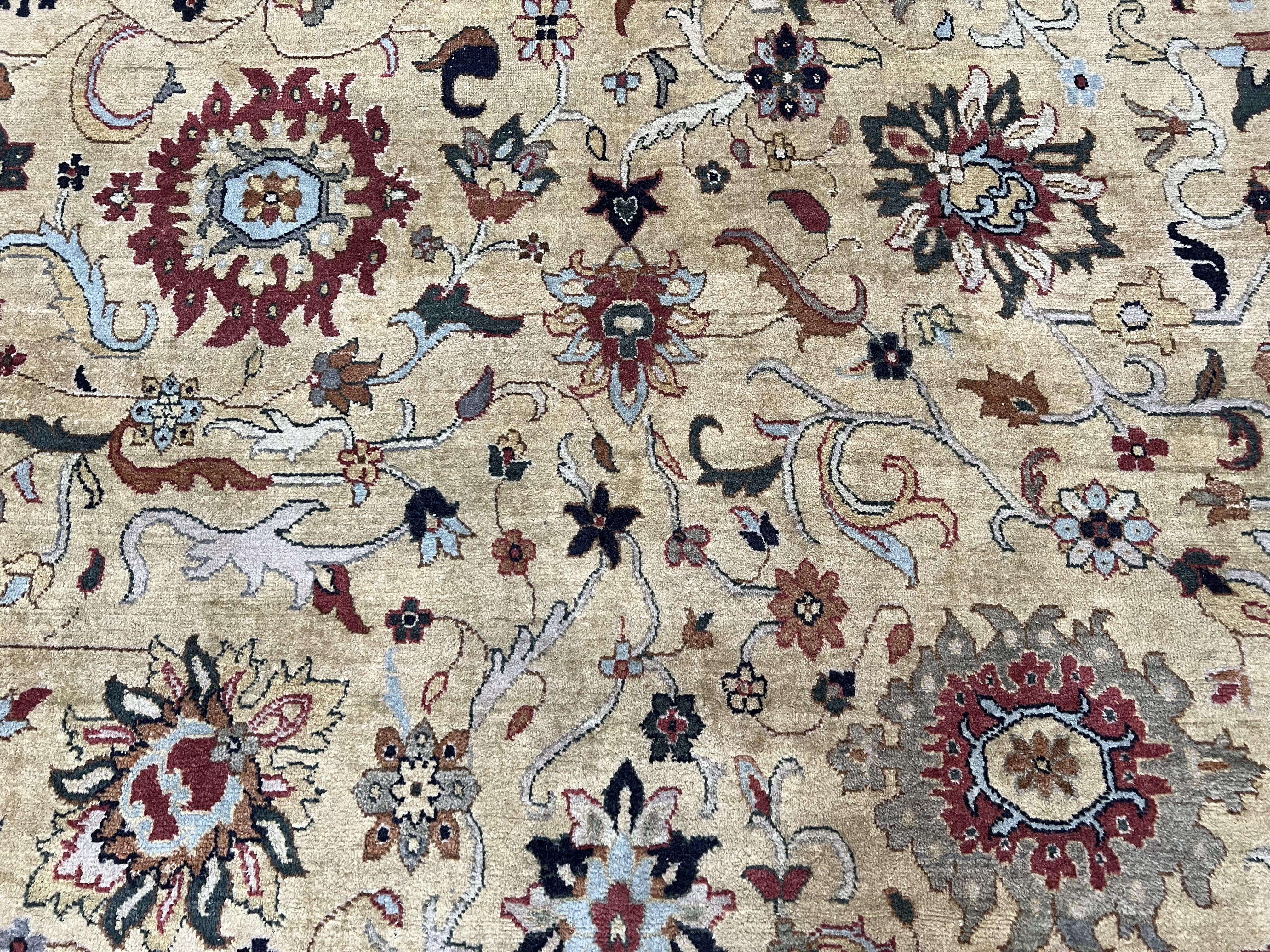 Indo Persian Mahal Rug 8x12, Wool Hand Knotted Oriental Carpet, Light Gold and Burgundy, Floral Allover, Vintage Room Sized Area Rug 8 x 12 - Jewel Rugs