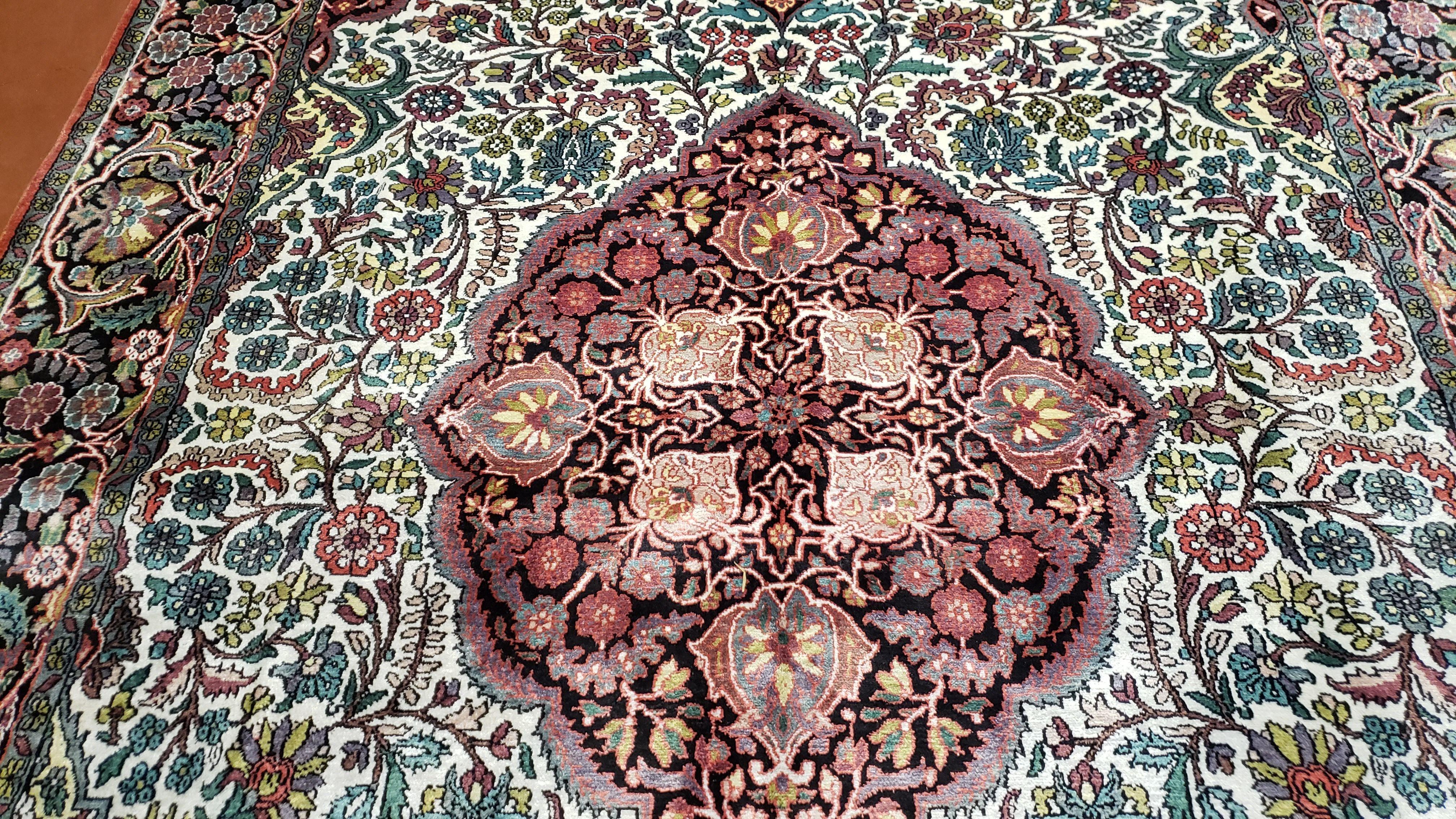 Wonderful Indian Kashmiri Silk Rug 6x10 Fine Silk Oriental Carpet, Handmade Vintage Floral Allover Medallion Rug, Ivory Black Multicolor - Jewel Rugs