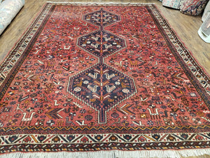 Semi Antique Persian Shiraz Rug, Red and Black, Hand-Knotted, Wool, 6'11" x 9'4" - Jewel Rugs