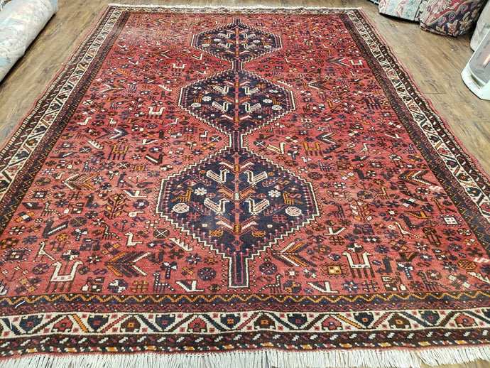 Semi Antique Persian Shiraz Rug, Red and Black, Hand-Knotted, Wool, 6'11