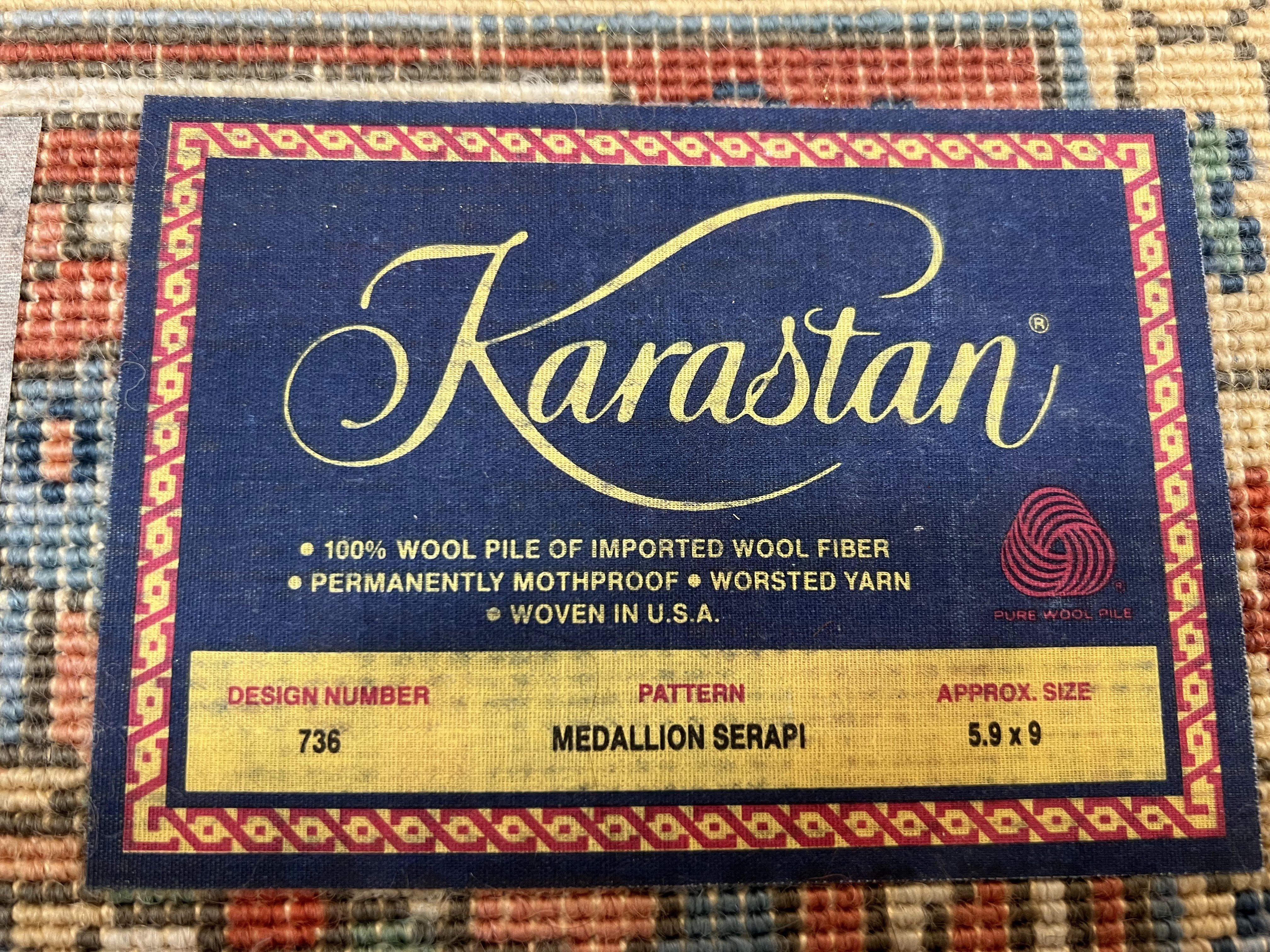 Karastan Medallion Serapi Rug #736, Wool Karastan Carpet 5.9 x 9, Discontinued Original 700 Series Karastan Area Rug 6x9 Vintage, Red Blue - Jewel Rugs