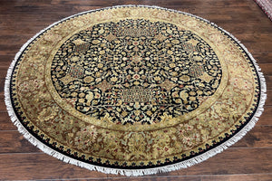 Indo Persian Round Rug 8x8 ft, Vintage Hand Knotted 8 ft Large Round Oriental Carpet, Floral Allover, Black Beige Red, Handmade Wool Rug
