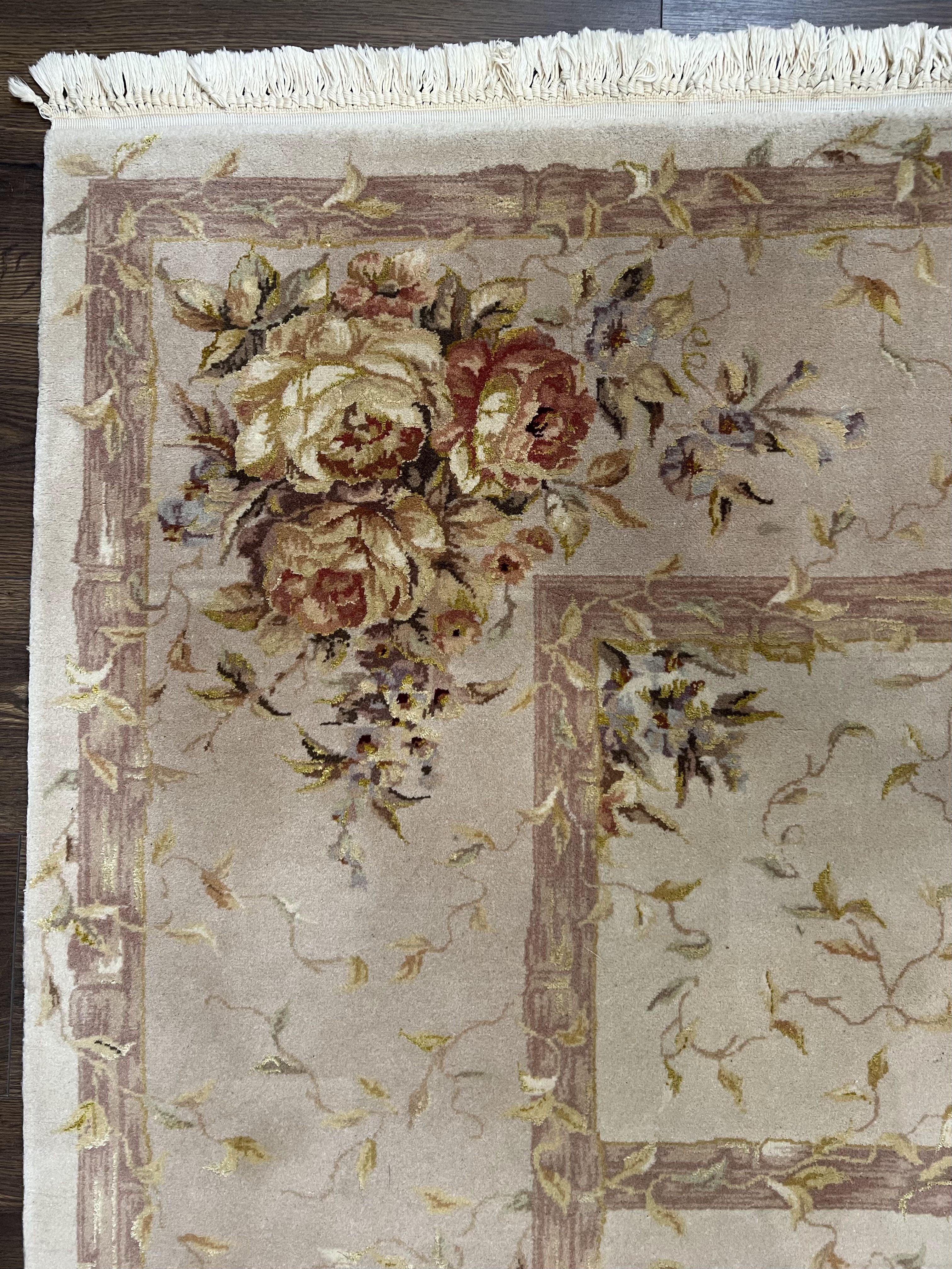 Aubusson Rug 8x10 ft, Wool with Silk Highlights, Piled Aubusson Carpet, Cream-Beige, Hand Knotted Vintage Very Fine Rug, French European Rug - Jewel Rugs