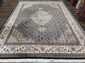 Sino Persian Rug 9x12, Dark Green and Ivory, Medallion, Mahi Herati, Elegant Oriental Carpet, Wool Hand Knotted Traditional Room Sized Rug - Jewel Rugs