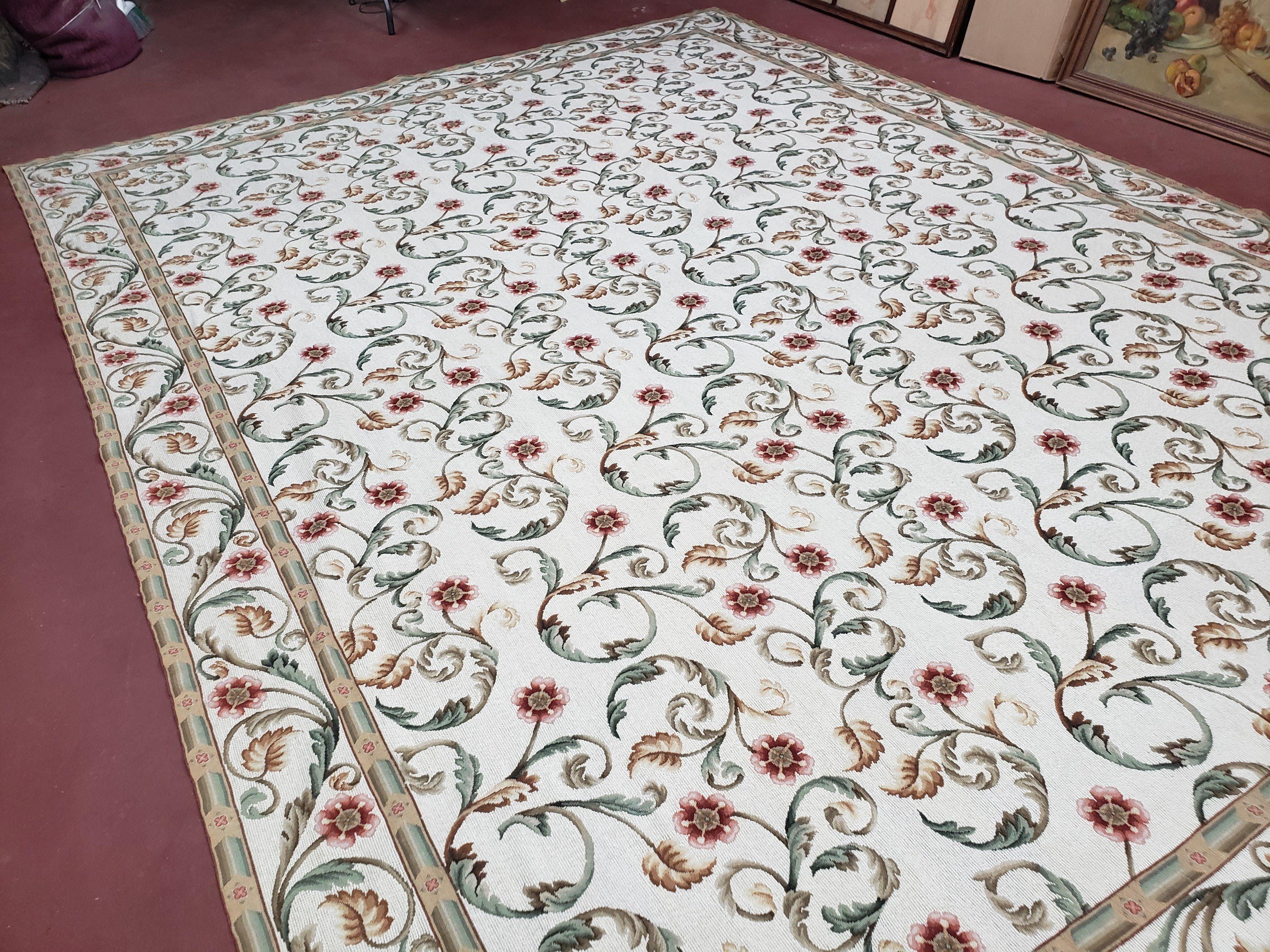 Needlepoint Rug 9x12, European Aubusson Design, Floral Allover Garden Pattern, New Needlepoint Area Rug, Ivory Rug, Hand Woven, Flatweave - Jewel Rugs