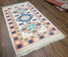 1960s Vintage Turkish Kazak Area Rug 3x5, Wool Hand-Knotted Ivory & Peach Tribal Style Carpet, 3 x 5 Soft Pile Living Room Carpet, Boho Rug - Jewel Rugs