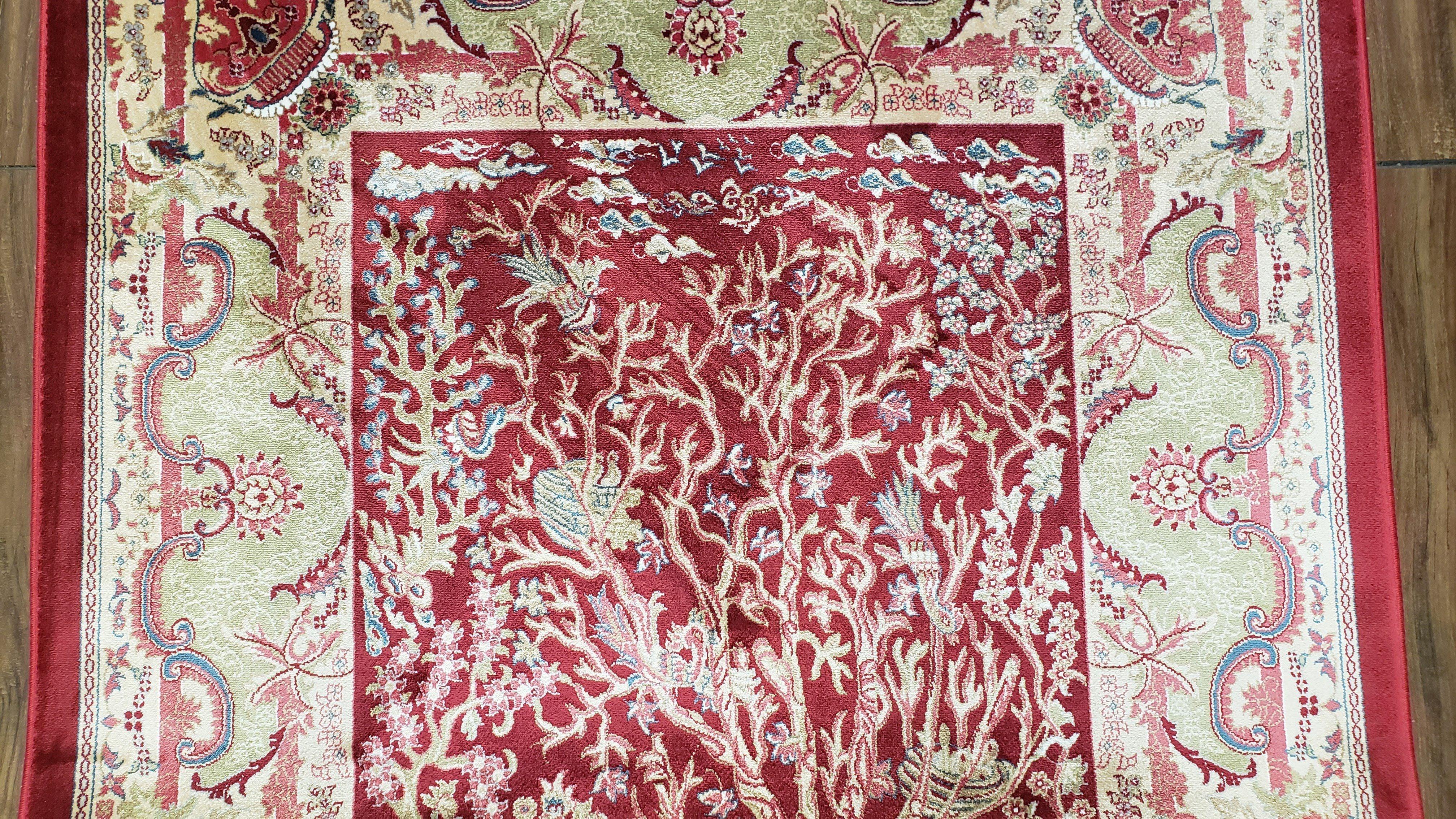 Tree of Life Silk Rug, Red, Beige, Deer, All Silk Oriental Carpet, Small Accent Rug, Very Detailed, Bamboo Silk, 2.5 x 4 ft, 2' 8" x 4' 1" - Jewel Rugs