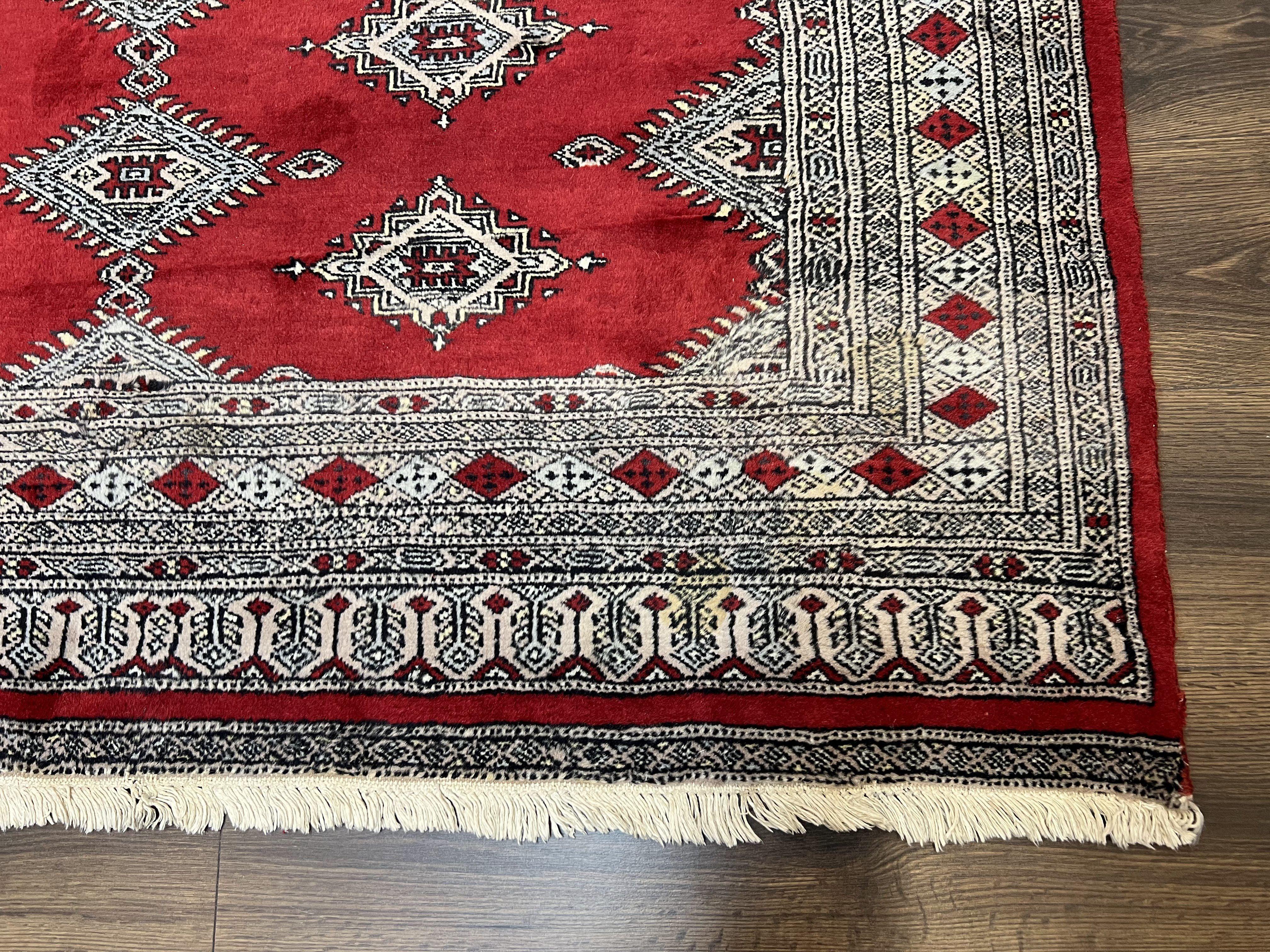 Pakistani Turkoman Rug 5x8, Turkmen Bokhara Carpet 5 x 8 ft, Red and Black, Vintage Hand Knotted Wool Area Rug, Medium Size, Bukhara Rug - Jewel Rugs