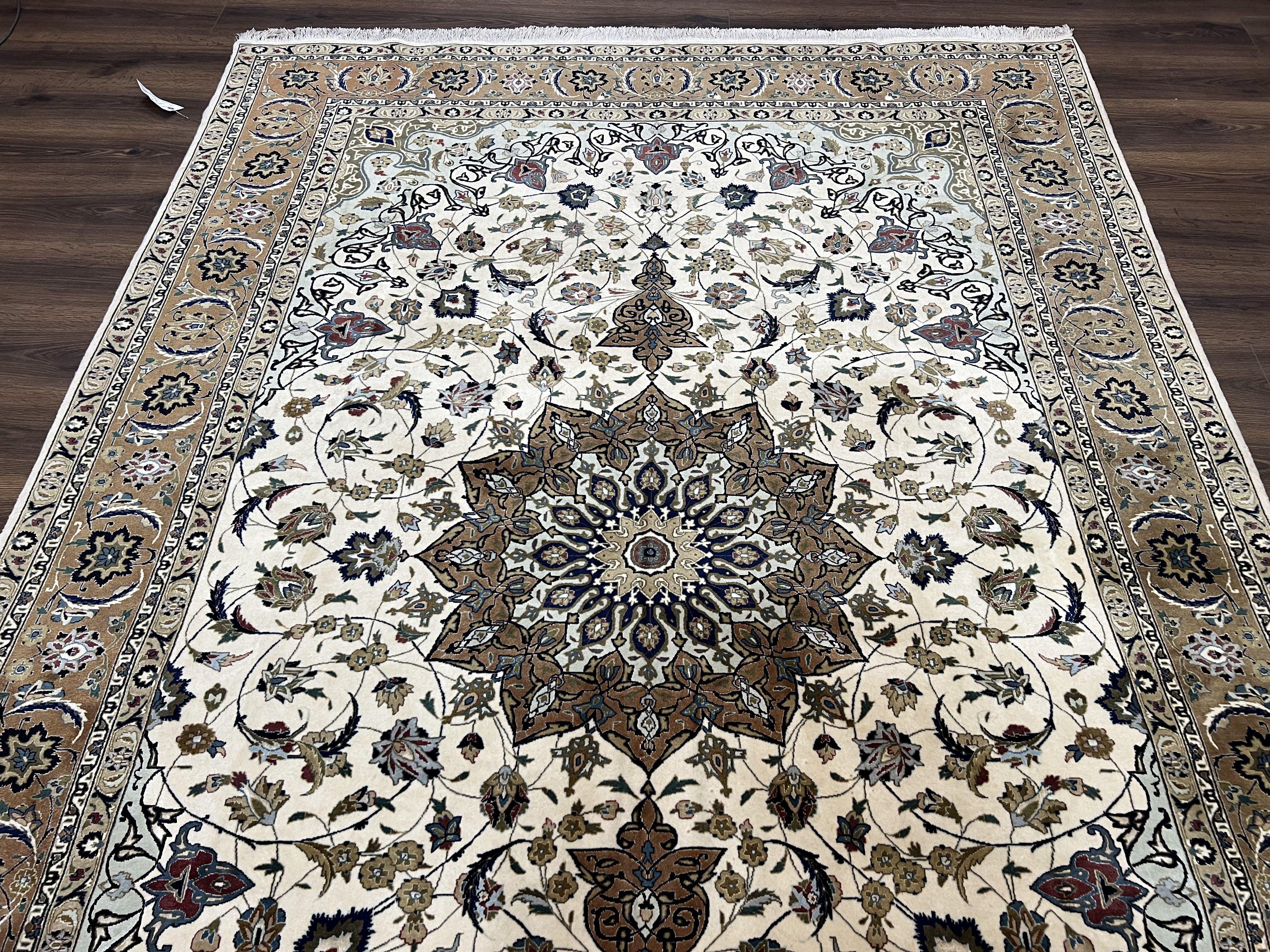 Wonderful Persian Rug 7x10, Floral Medallion, Very Fine Persian Tabriz Oriental Carpet, Vintage, Ivory/Cream, Hand Knotted Rug, Room Sized Rug, Traditional - Jewel Rugs