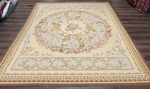 Aubusson Savonnerie Rug 8x10, Vintage French Aubusson Wool Carpet 8 x 10, Hand Woven, Cream and Light Blue, Flatweave, Elegant Floral Rug - Jewel Rugs