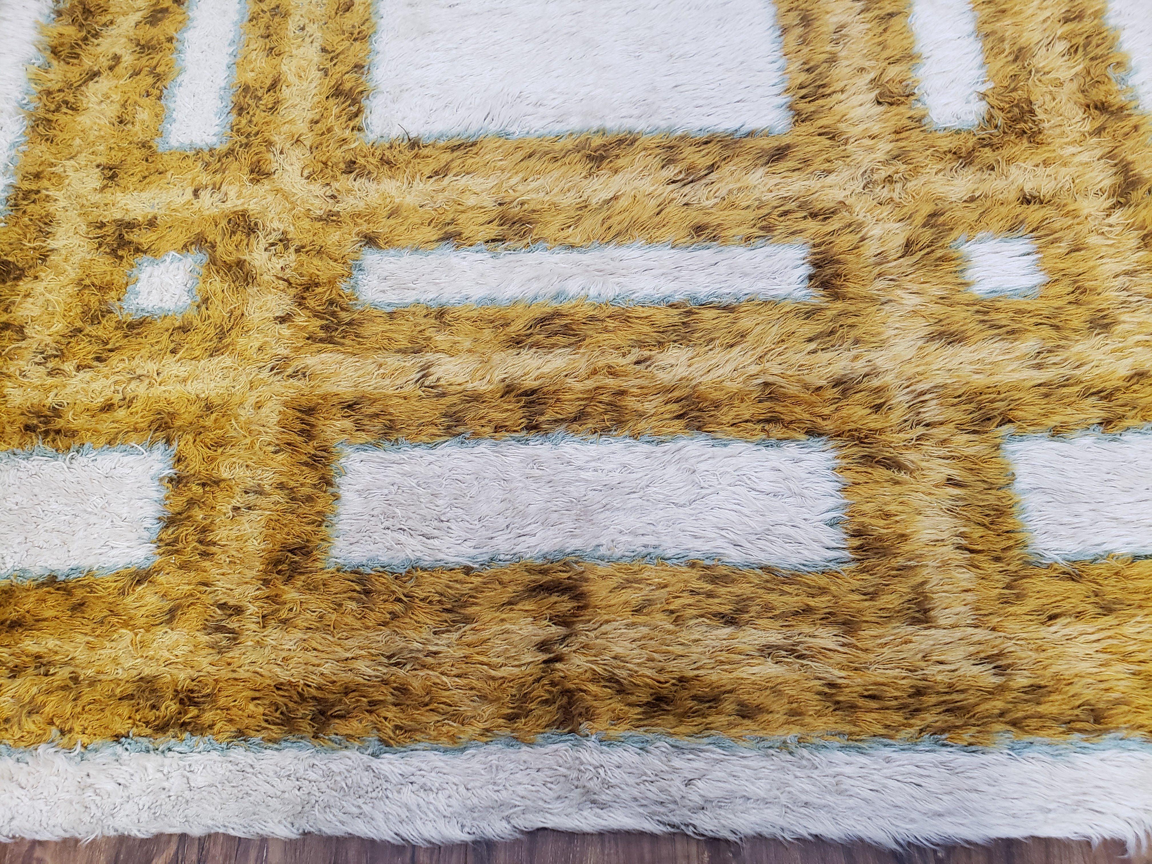 Mid-Century Danish Shag Rug 4.9 x 6.4, Ivory & Gold Vintage Shag Rug, Modern Carpet, Soft Wool High Pile Rug, 1960s Rya Style Contempory Rug - Jewel Rugs