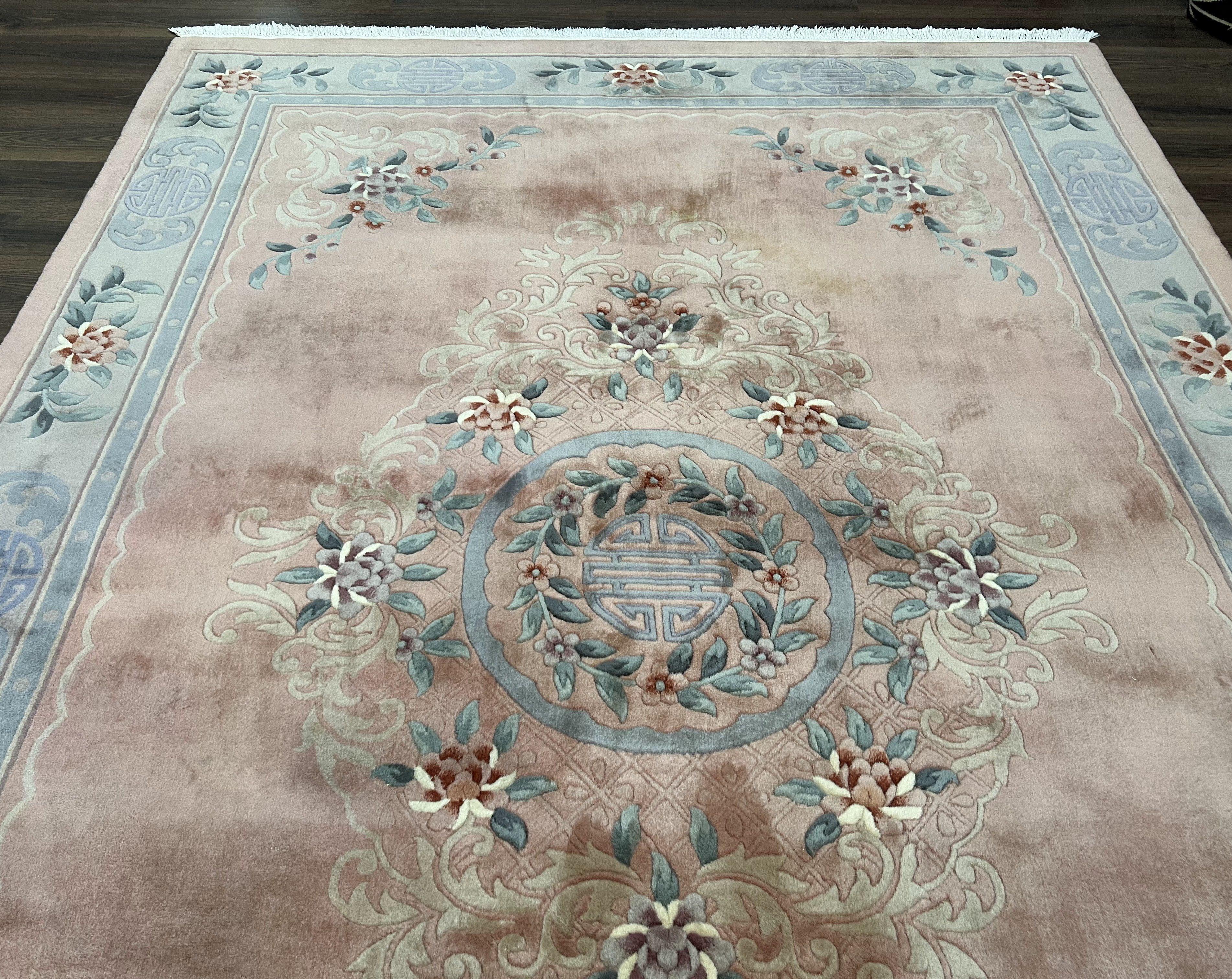 Chinese Wool Rug 8x11, Vintage 1960s Carpet, Light Pink and Gray, Hand Knotted Soft Plush Living Room Area Rug, Asian Oriental Rug 90 Line - Jewel Rugs