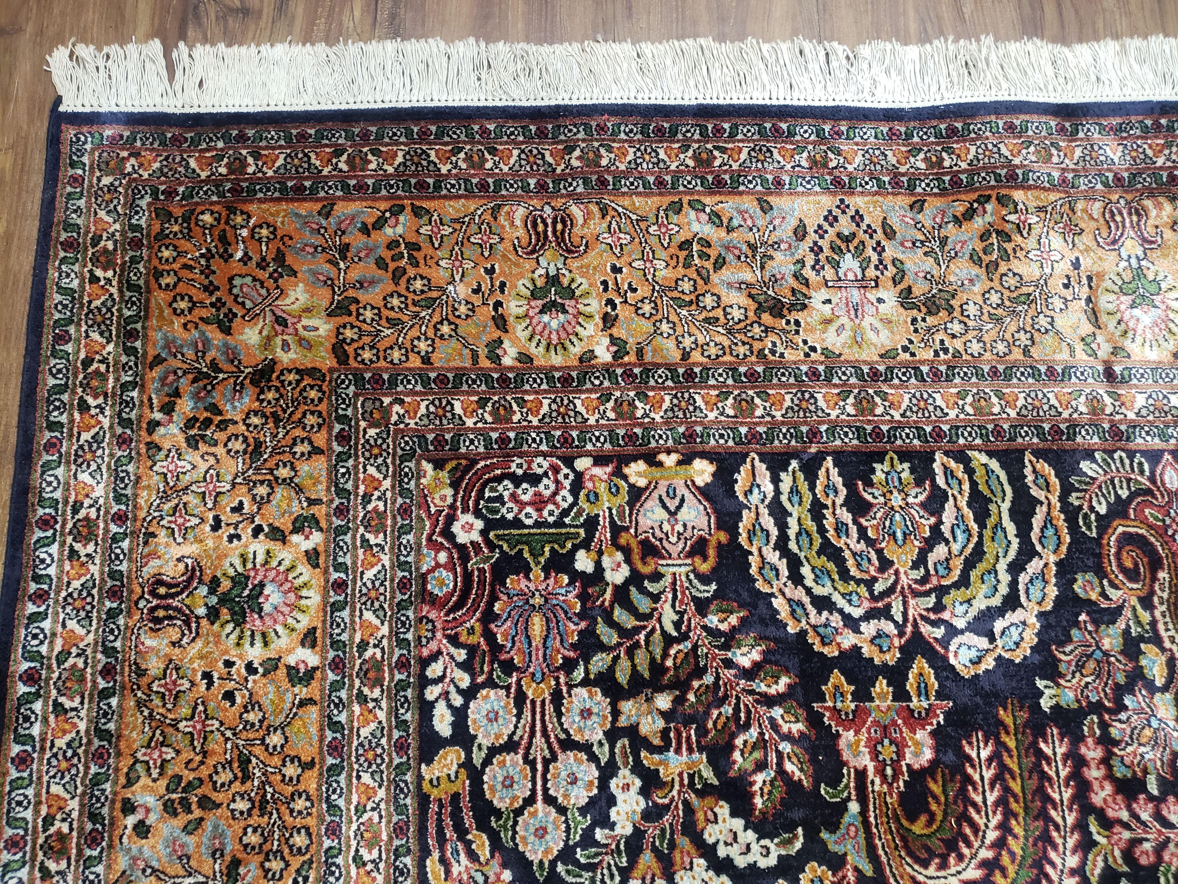 Vintage Persian Silk Qum Dark Blue Rug, Hand-Knotted, 6' x 9'7" - Jewel Rugs