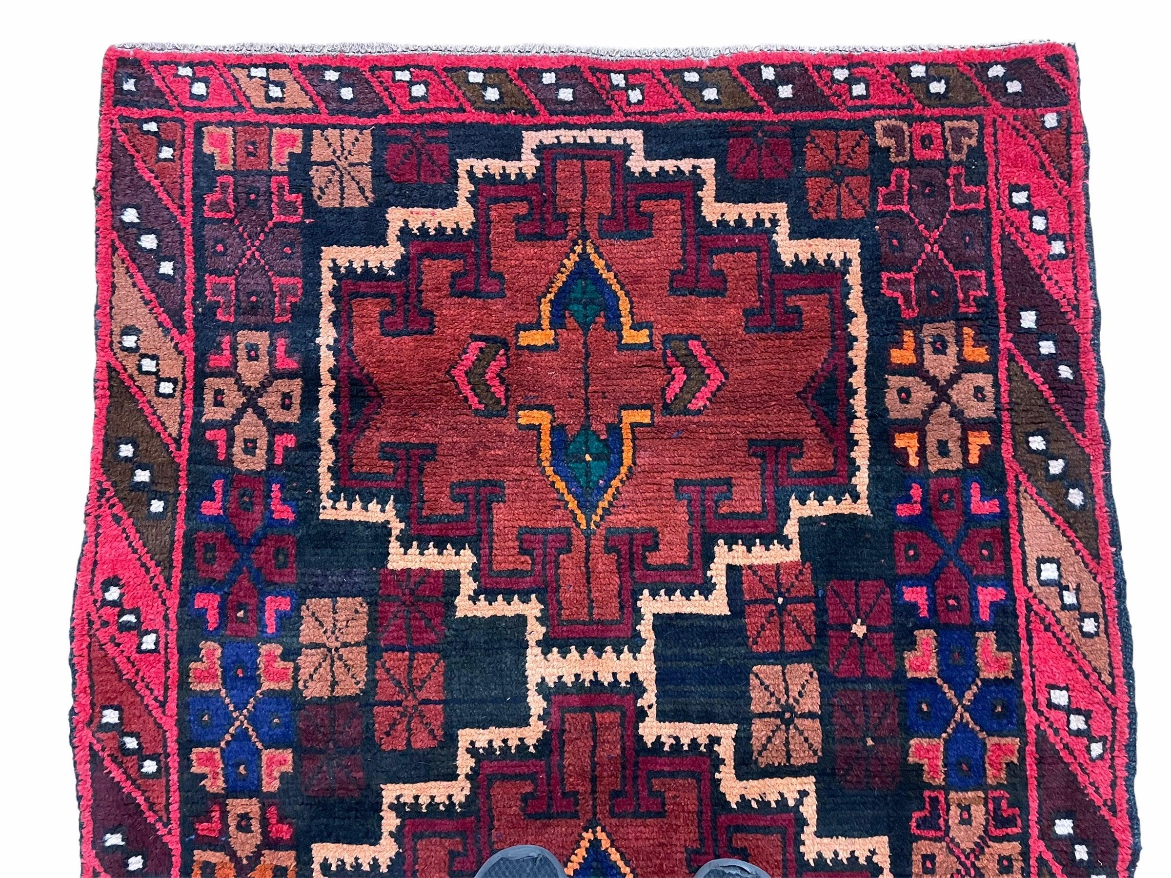 3' 2" X 4' 6" Vintage Handmade Tribal Wool Rug Balouchi Rug Afghan Red Blue 3x5 - Jewel Rugs