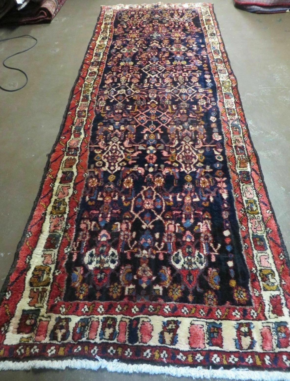 Persian Runner Rug 3.3 x 9.7, Antique Persian Hamadan Dargazine Runner, Wool Hand Knotted Oriental Tribal Runner for Hallway/Kitchen, Navy Blue Cream Red, Herati Pattern - Jewel Rugs